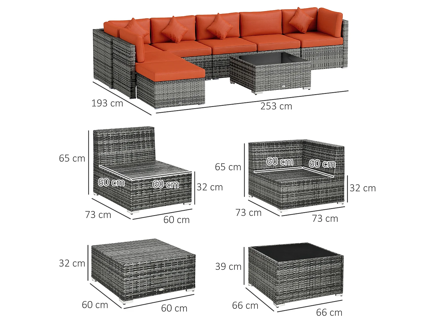 Yodosu Grey PE Rattan Corner Sofa Set 5 Seater with Orange Cushions