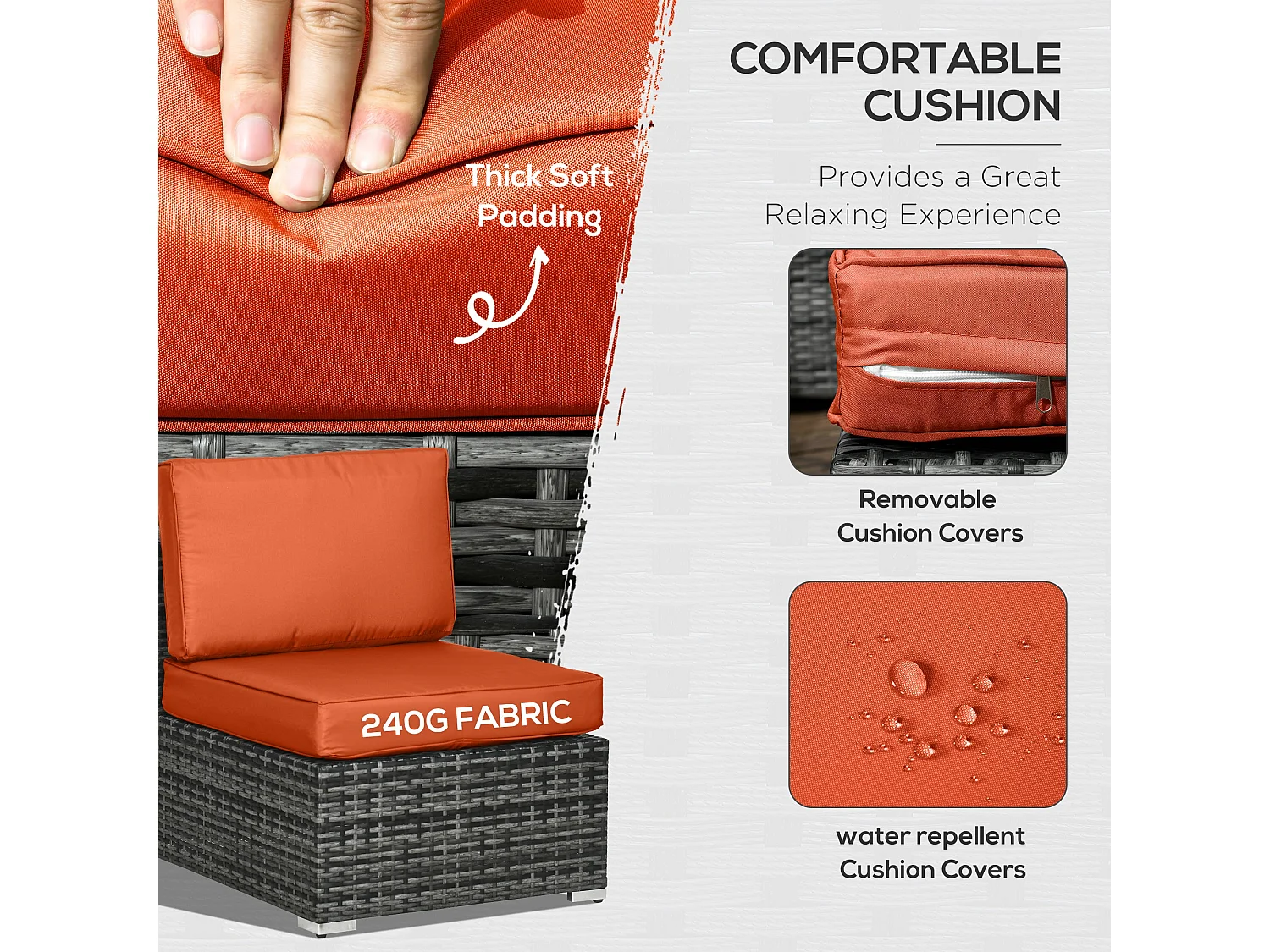 Yodosu Grey PE Rattan Corner Sofa Set 5 Seater with Orange Cushions