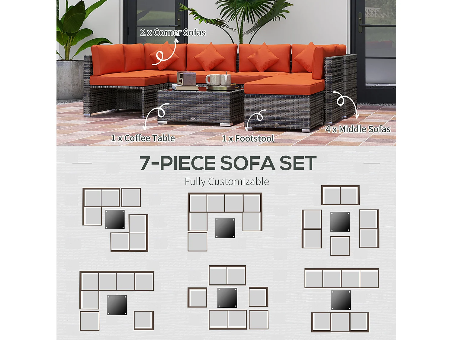 Yodosu Grey PE Rattan Corner Sofa Set 5 Seater with Orange Cushions