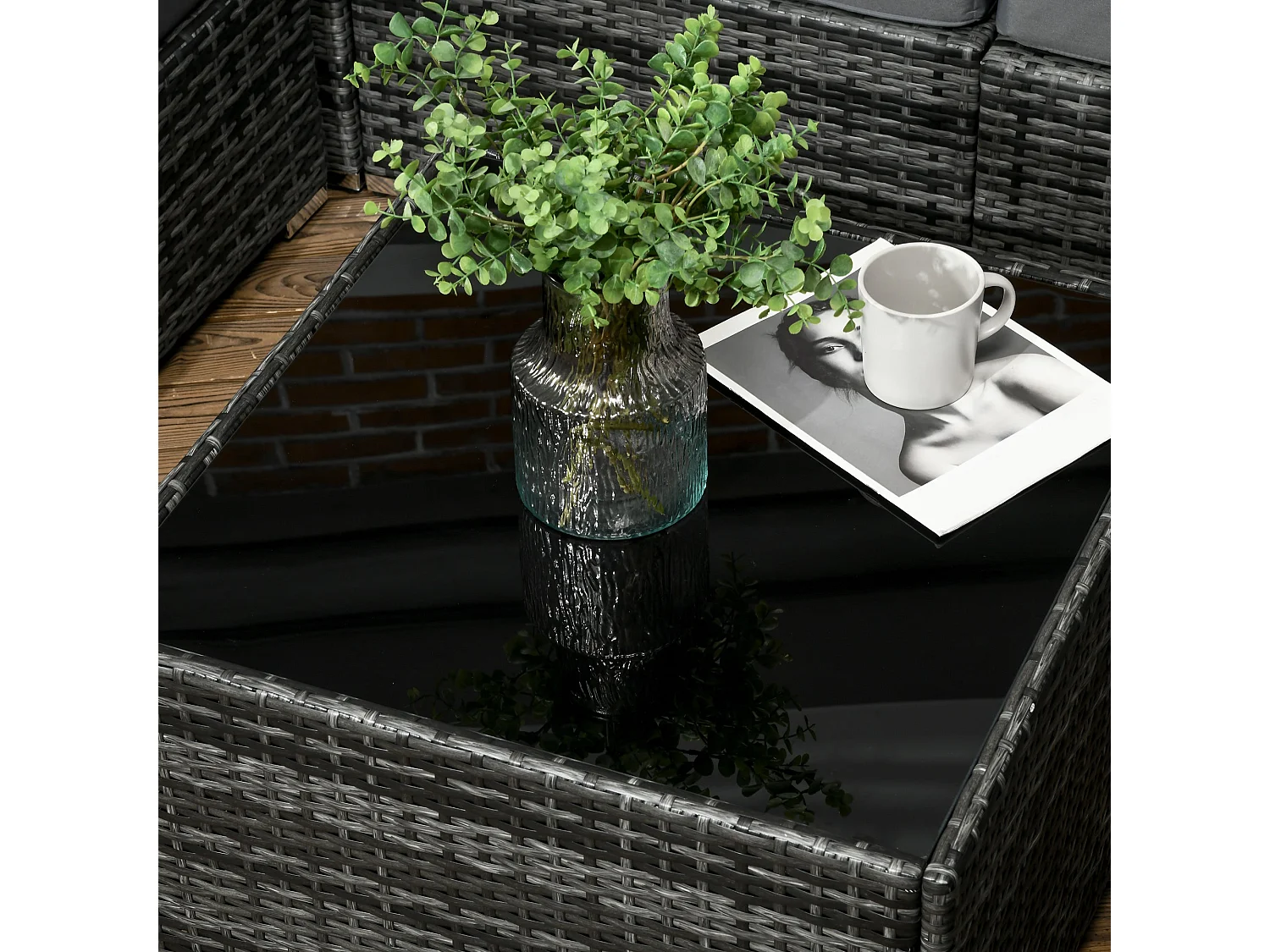 Yodosu Grey PE Rattan Corner Sofa Set 5 Seater with Orange Cushions