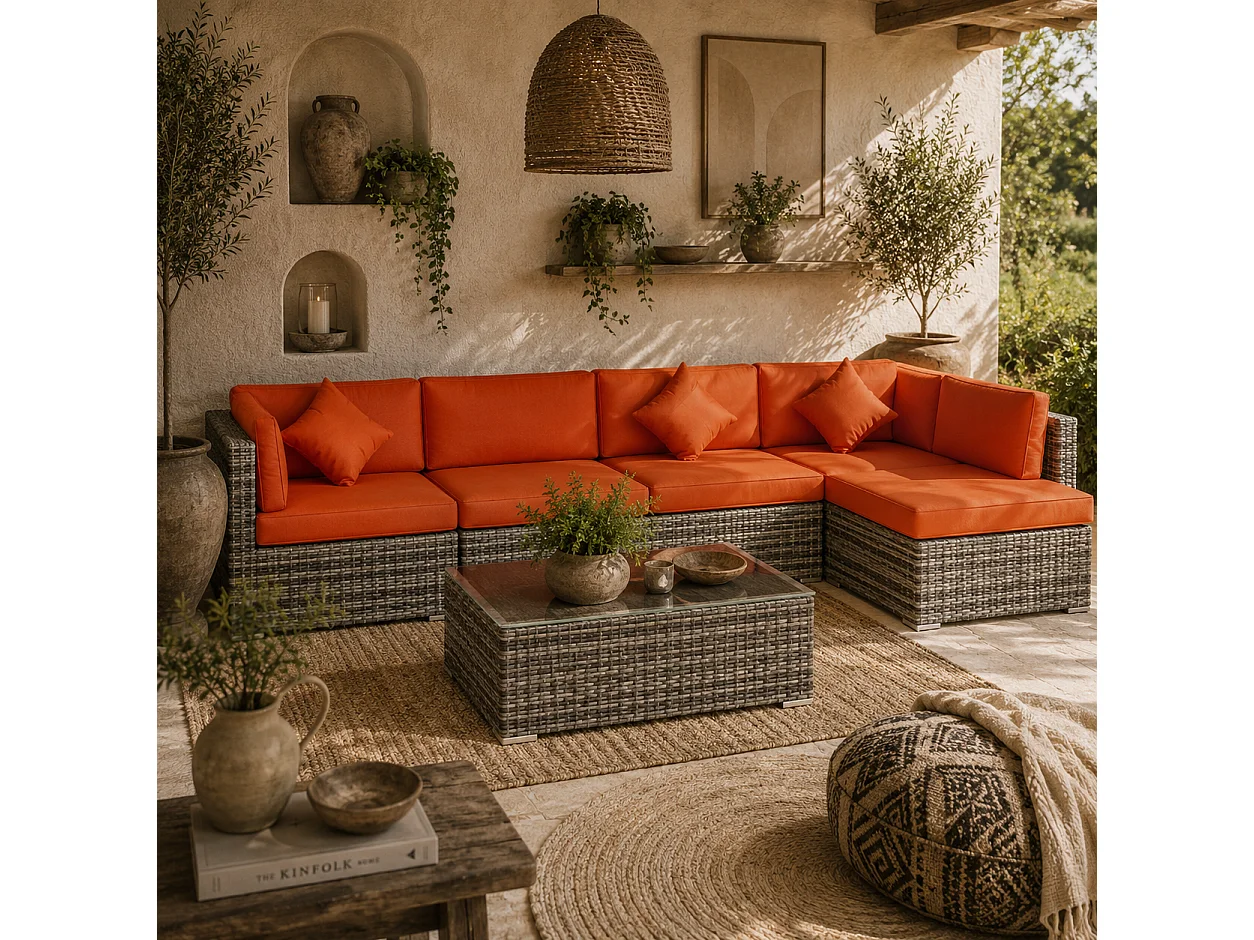 Yodosu Grey PE Rattan Corner Sofa Set 5 Seater with Orange Cushions