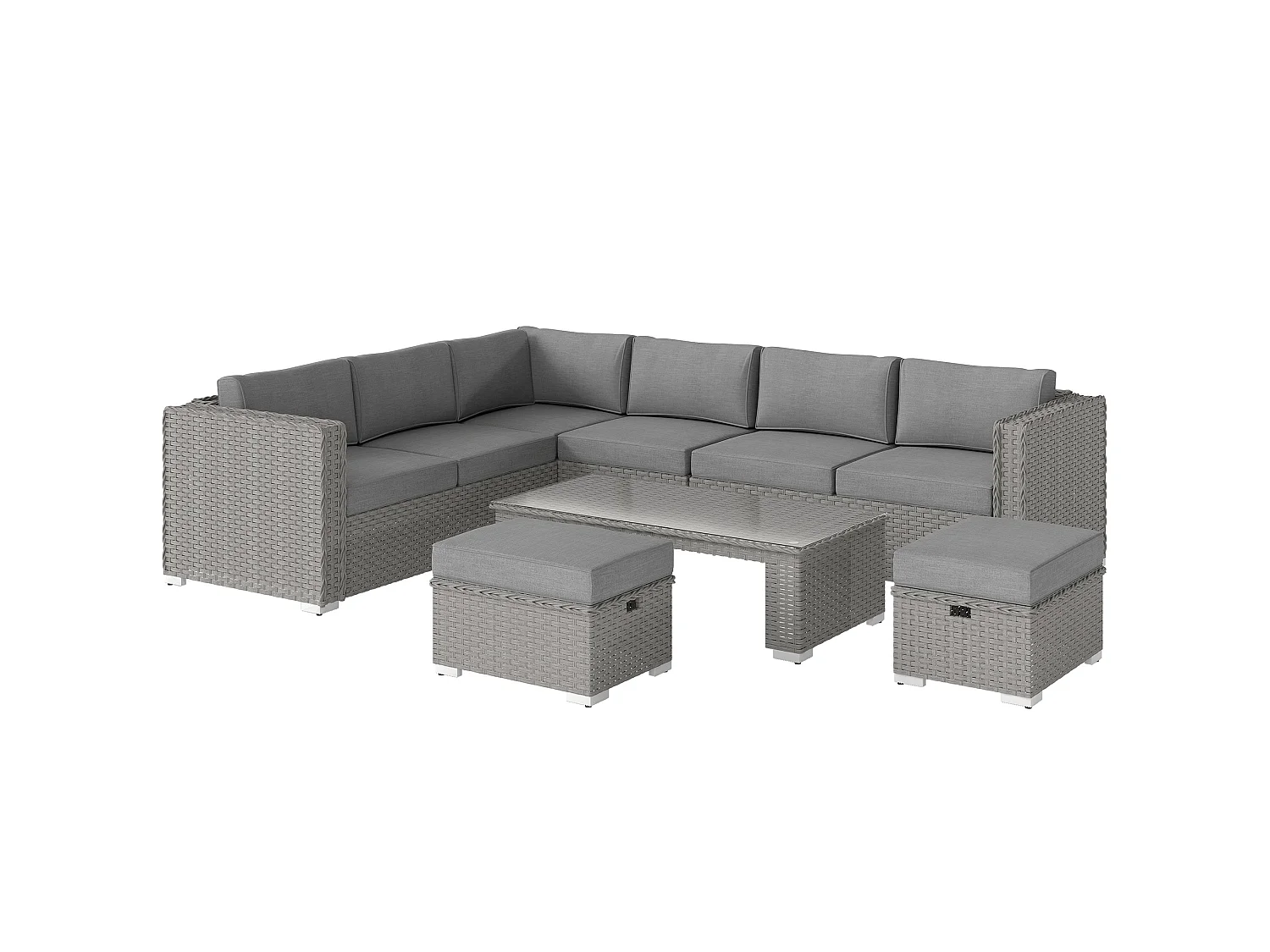 Rava Mixed Grey 8 Seater Modular Corner Sofa Set with Glass Coffee Table and Footstools