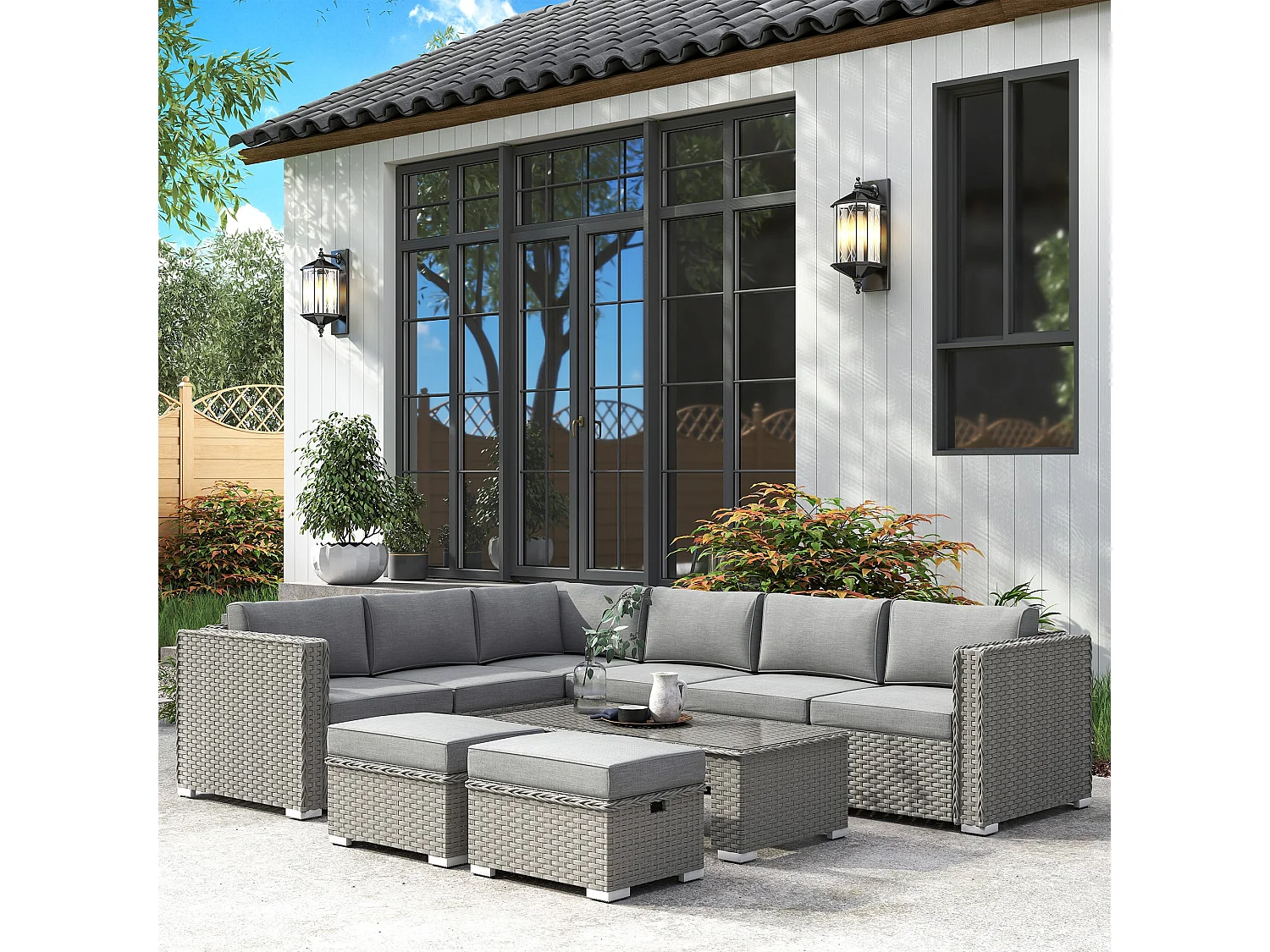 Rava Mixed Grey 8 Seater Modular Corner Sofa Set with Glass Coffee Table and Footstools
