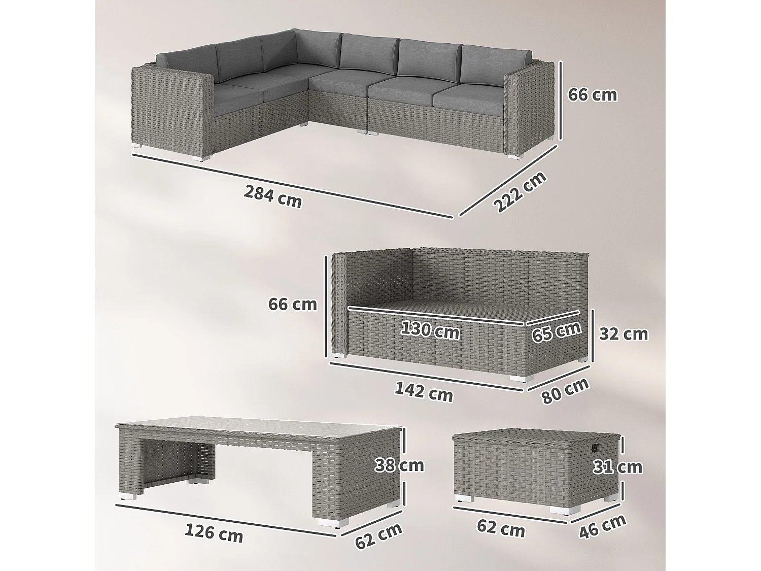 Rava Mixed Grey 8 Seater Modular Corner Sofa Set with Glass Coffee Table and Footstools