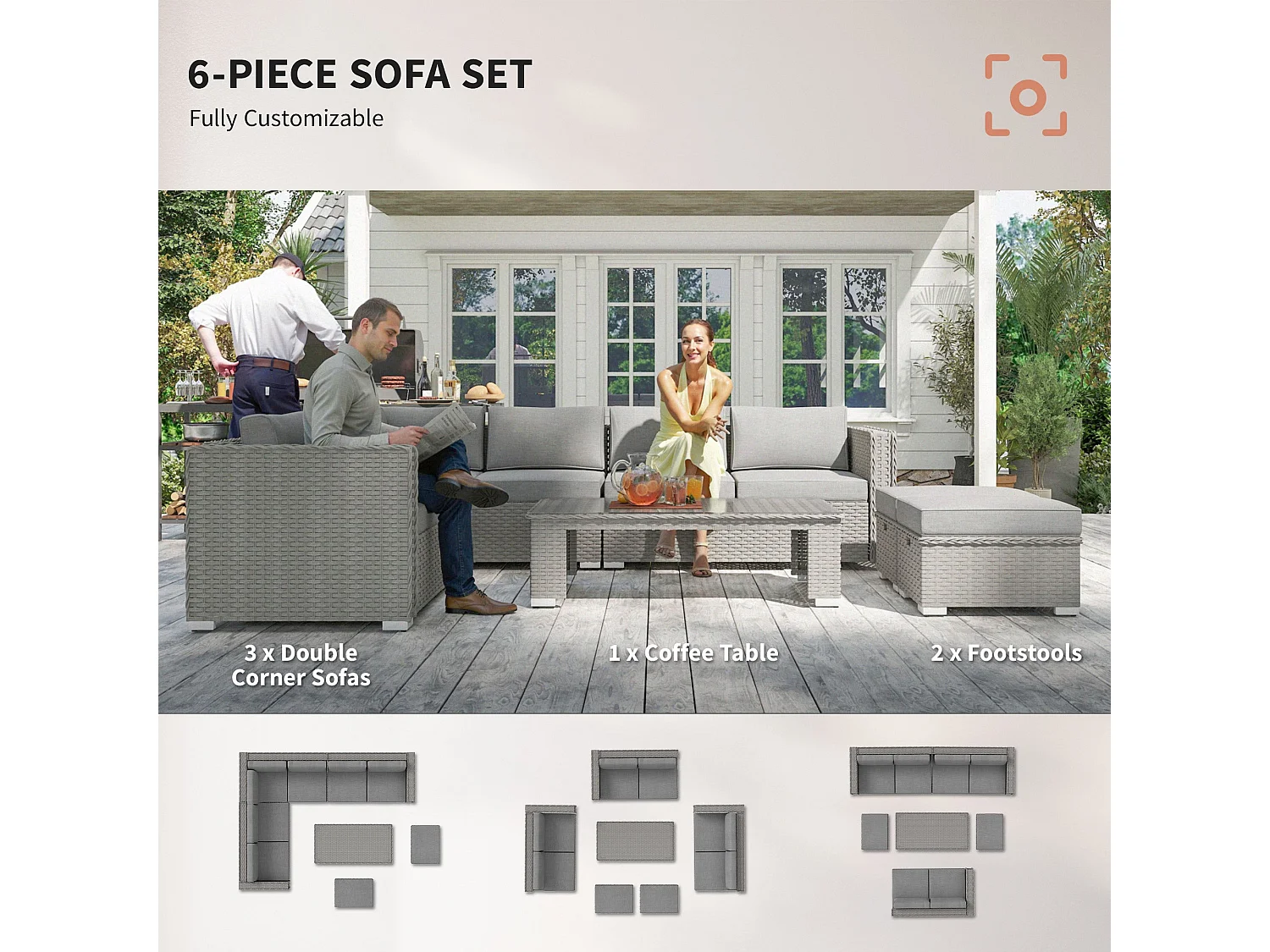 Rava Mixed Grey 8 Seater Modular Corner Sofa Set with Glass Coffee Table and Footstools