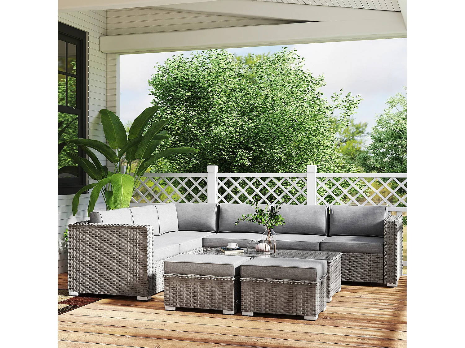 Rava Mixed Grey 8 Seater Modular Corner Sofa Set with Glass Coffee Table and Footstools