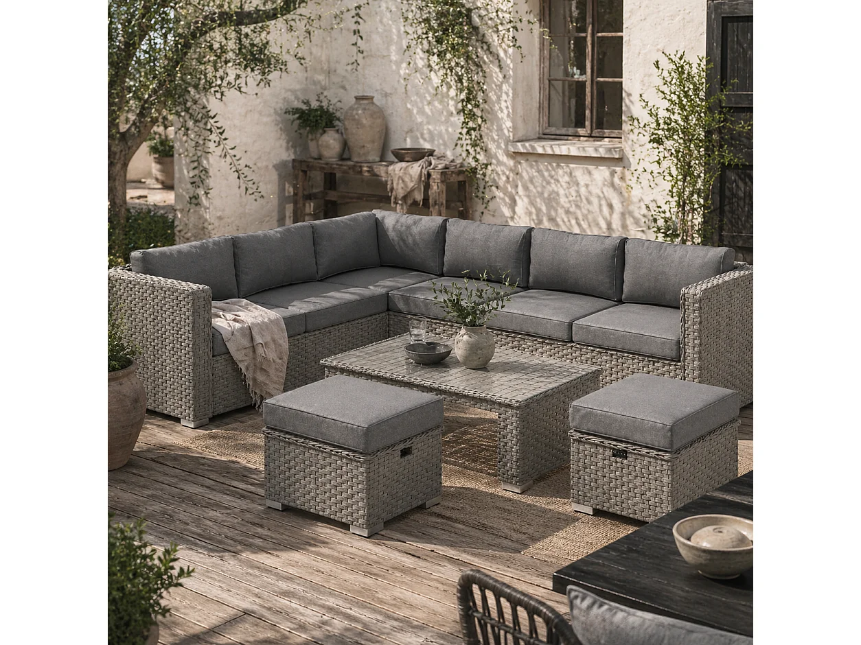 Rava Mixed Grey 8 Seater Modular Corner Sofa Set with Glass Coffee Table and Footstools