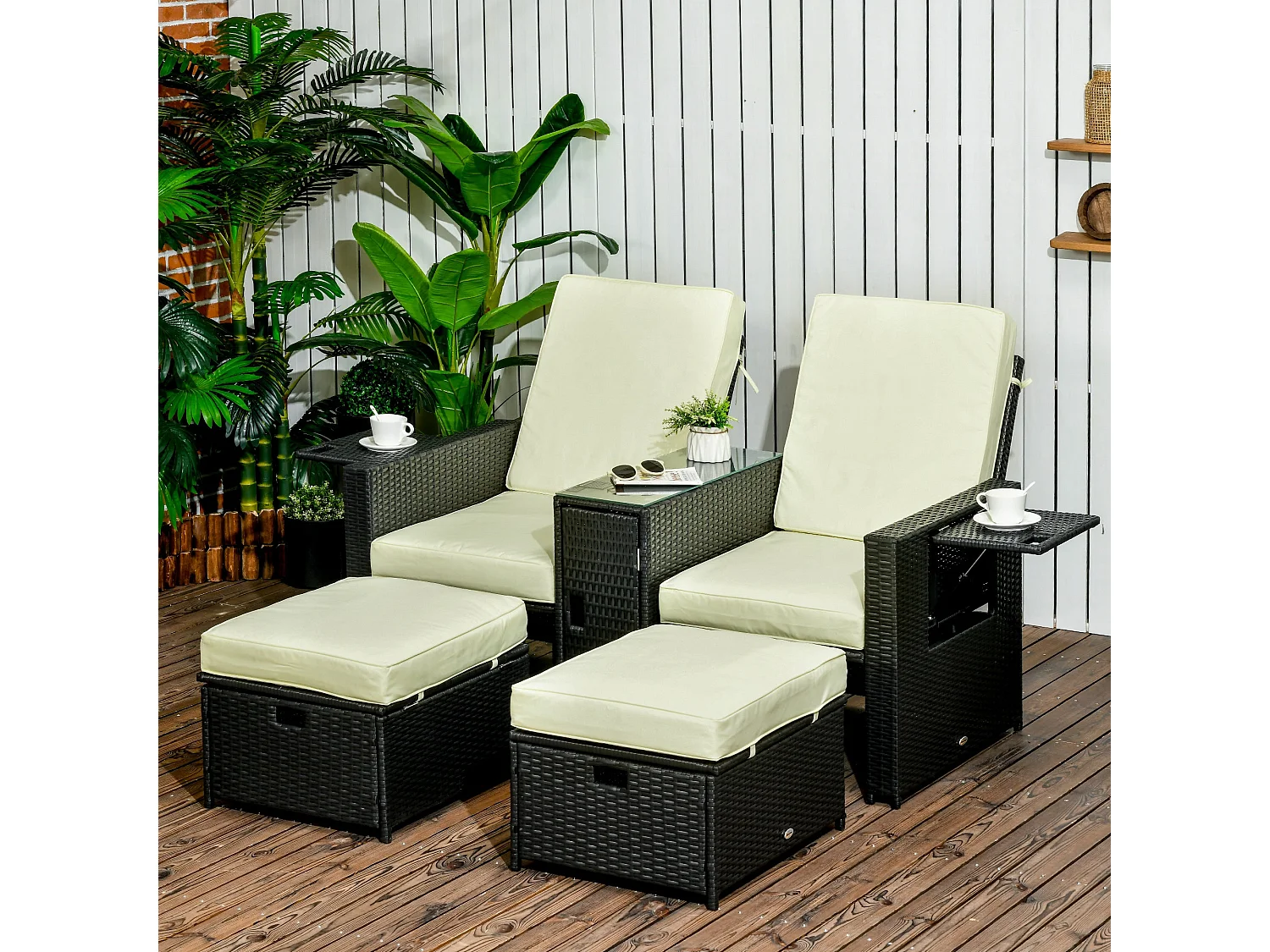 Niludo 5 Piece Adjustable Reclining Rattan Set Black and Beige