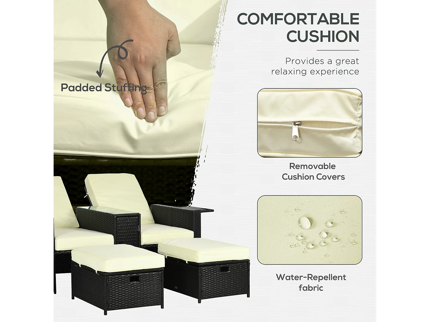 Niludo 5 Piece Adjustable Reclining Rattan Set Black and Beige