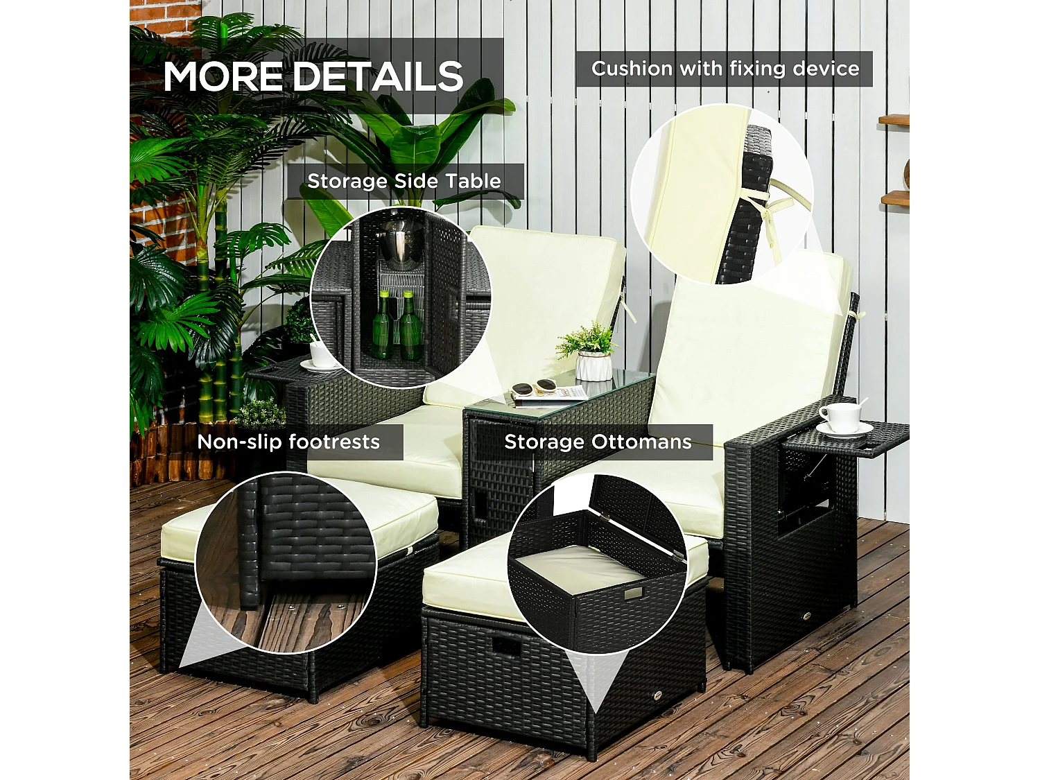 Niludo 5 Piece Adjustable Reclining Rattan Set Black and Beige
