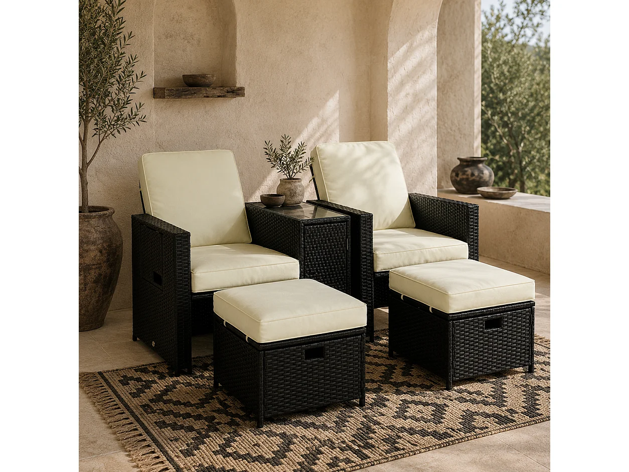 Niludo 5 Piece Adjustable Reclining Rattan Set Black and Beige