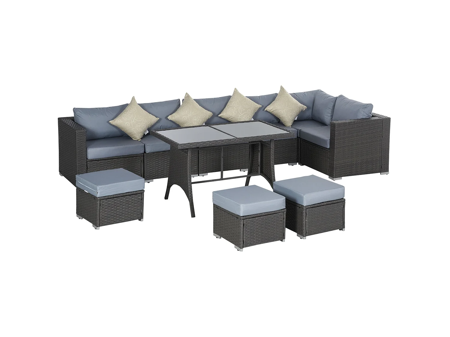 Vihatta 9 Seater Modular Rattan Outdoor Corner Dining Sofa Set Grey and Dusty Blue