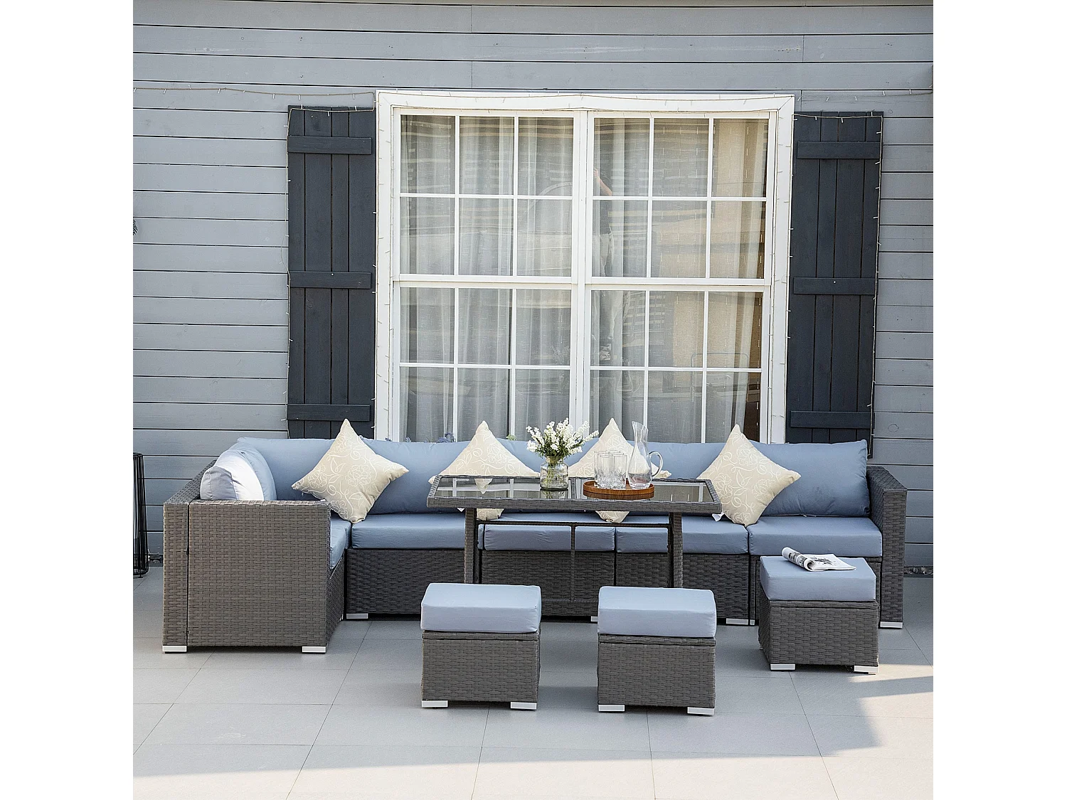 Vihatta 9 Seater Modular Rattan Outdoor Corner Dining Sofa Set Grey and Dusty Blue