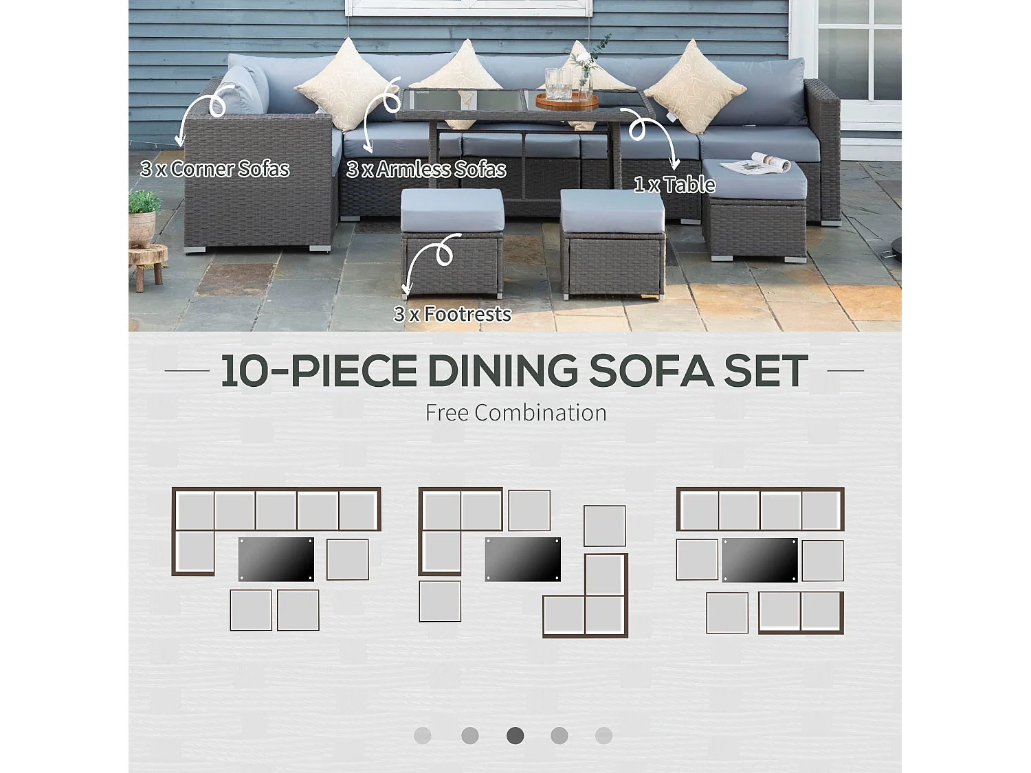 Vihatta 9 Seater Modular Rattan Outdoor Corner Dining Sofa Set Grey and Dusty Blue