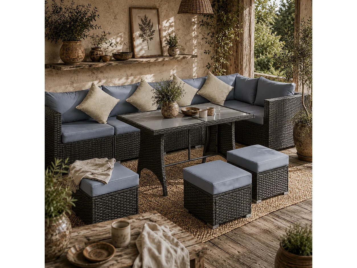 Vihatta 9 Seater Modular Rattan Outdoor Corner Dining Sofa Set Grey and Dusty Blue