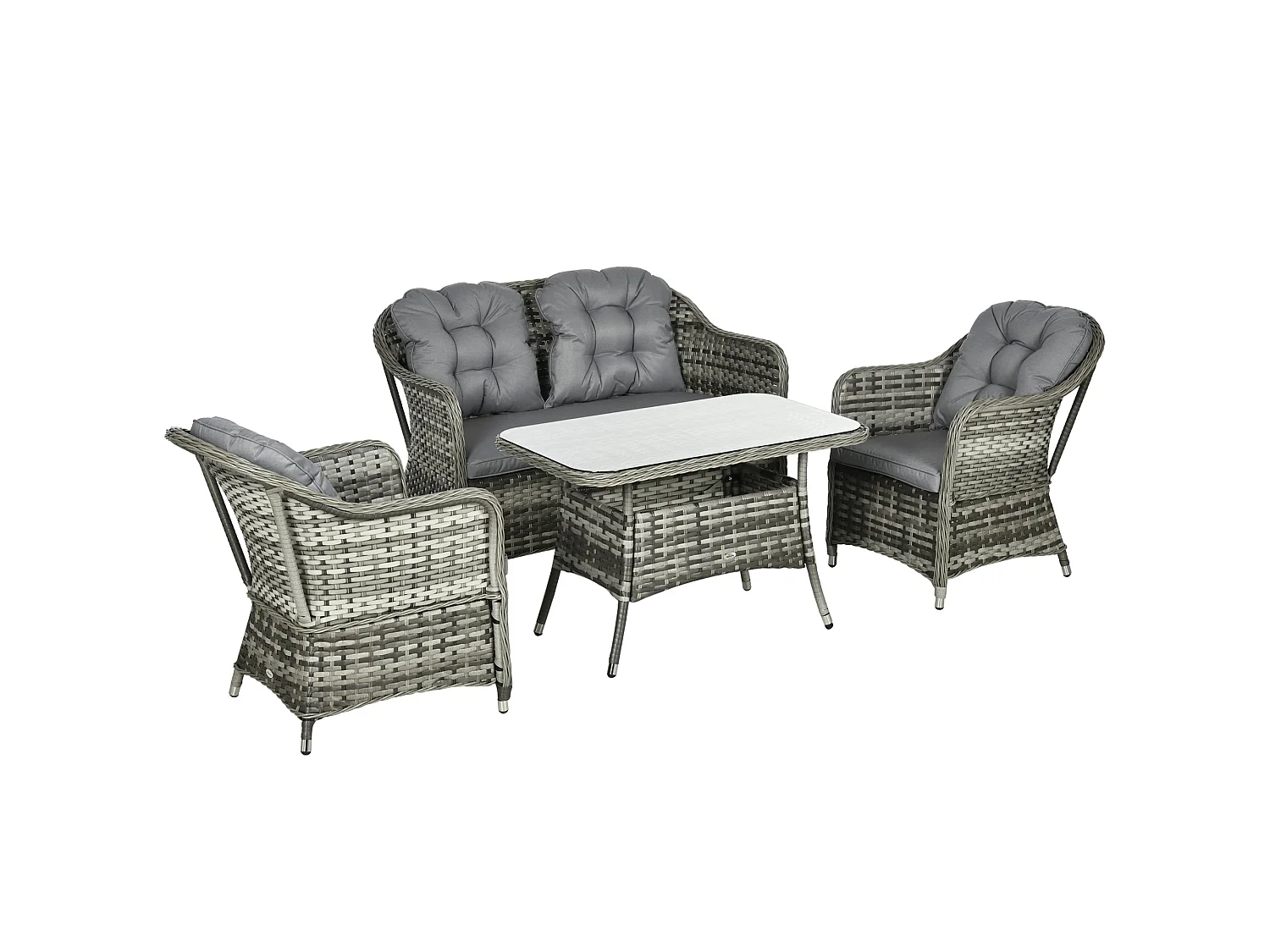 Nakevi Grey 4 Seater Rattan Style Garden Seating Set with Glass Top Coffee Table