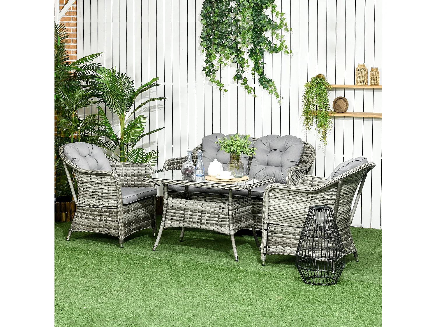 Nakevi Grey 4 Seater Rattan Style Garden Seating Set with Glass Top Coffee Table