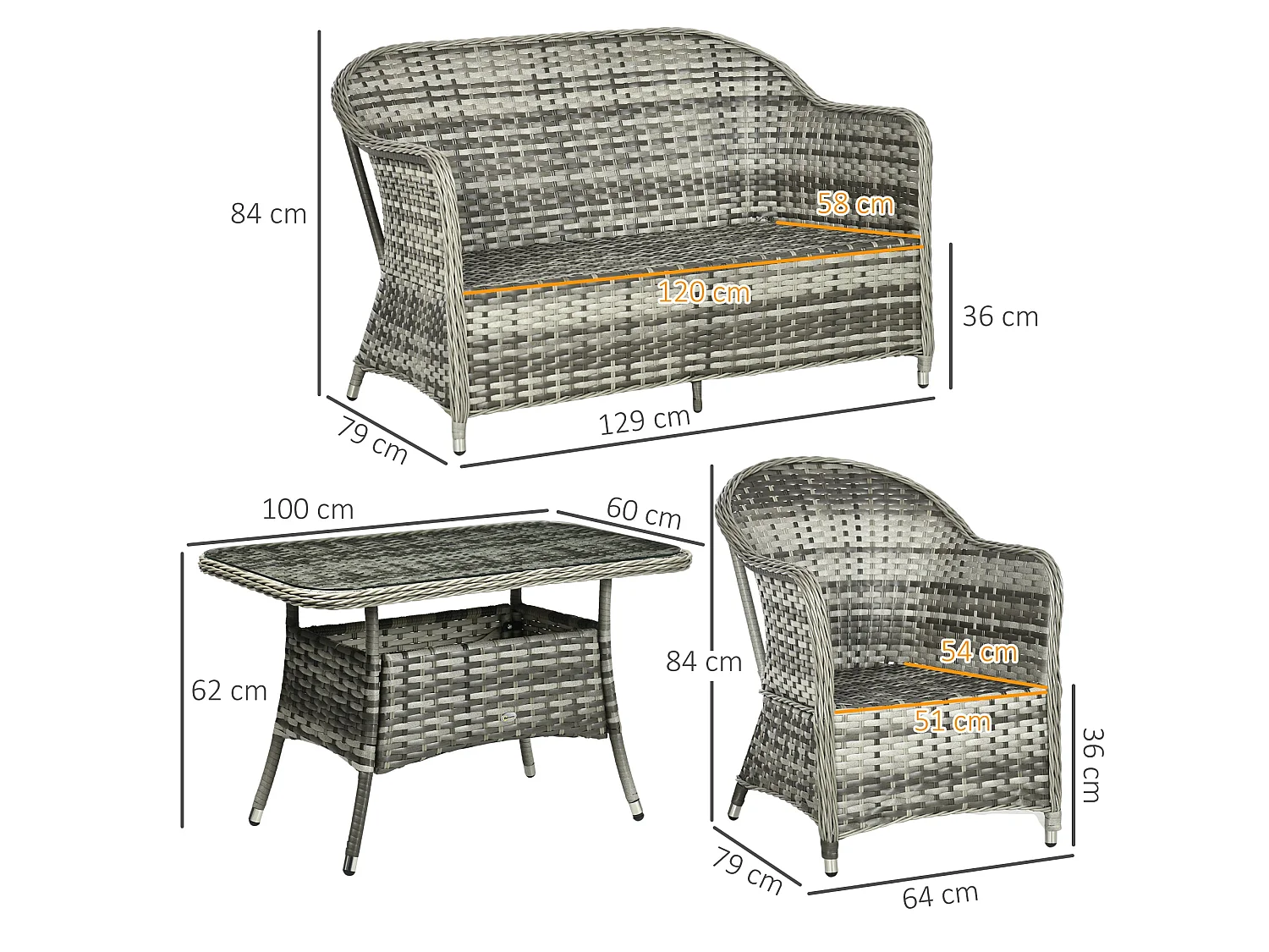 Nakevi Grey 4 Seater Rattan Style Garden Seating Set with Glass Top Coffee Table