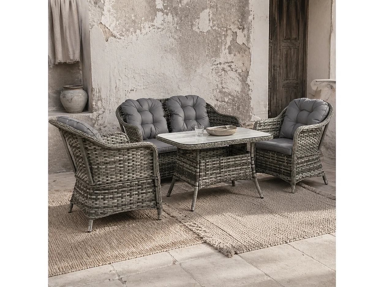 Nakevi Grey 4 Seater Rattan Style Garden Seating Set with Glass Top Coffee Table