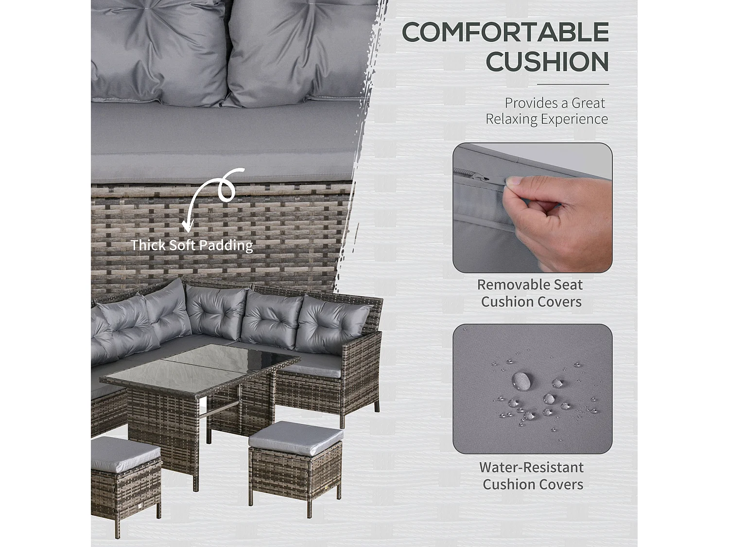 Dili Rattan Grey 8 Seater Outdoor Sofa Set Cushions and Table