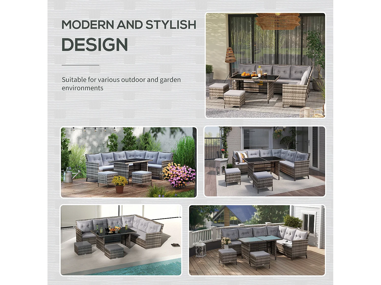 Dili Rattan Grey 8 Seater Outdoor Sofa Set Cushions and Table