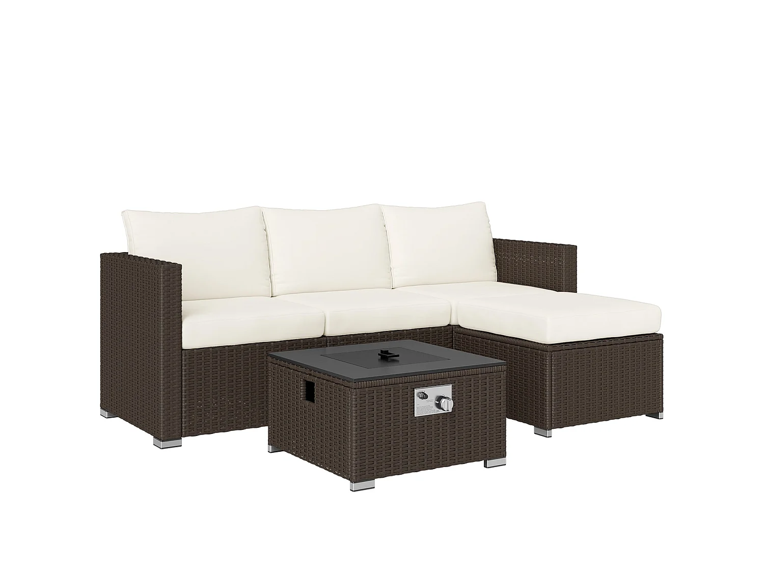 Dirone 4 Seater Modular Rattan Garden Set Brown and Cream with Gas Fire Pit Table and Footstool