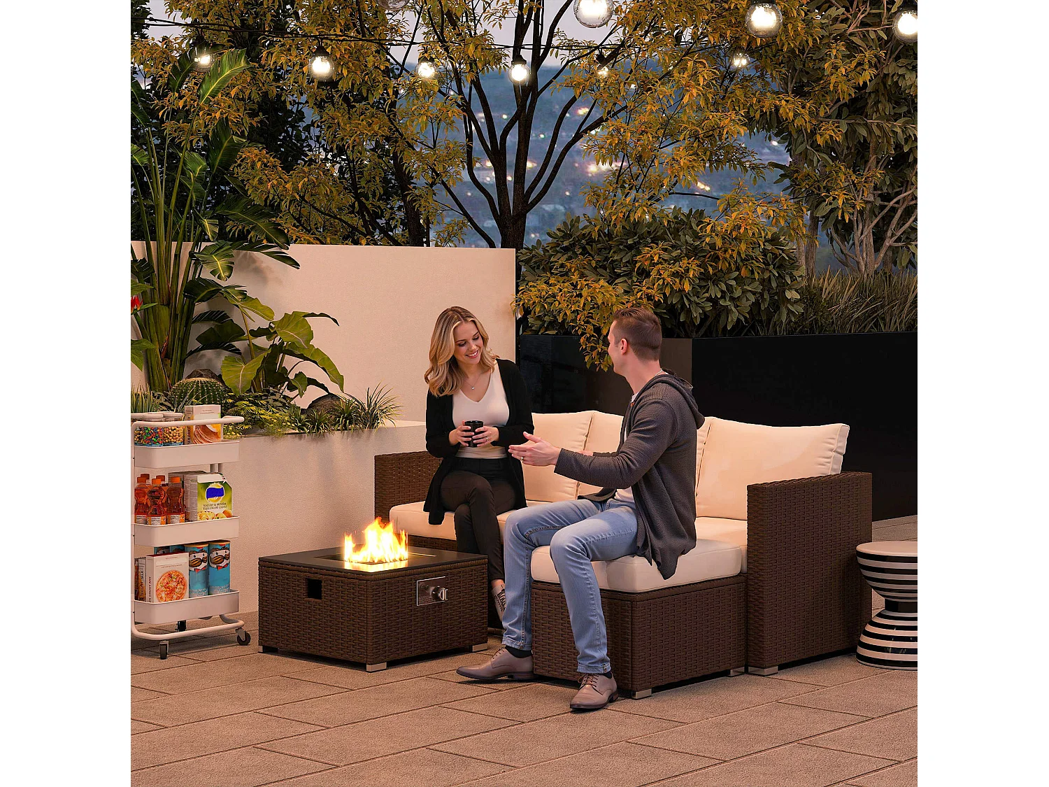 Dirone 4 Seater Modular Rattan Garden Set Brown and Cream with Gas Fire Pit Table and Footstool