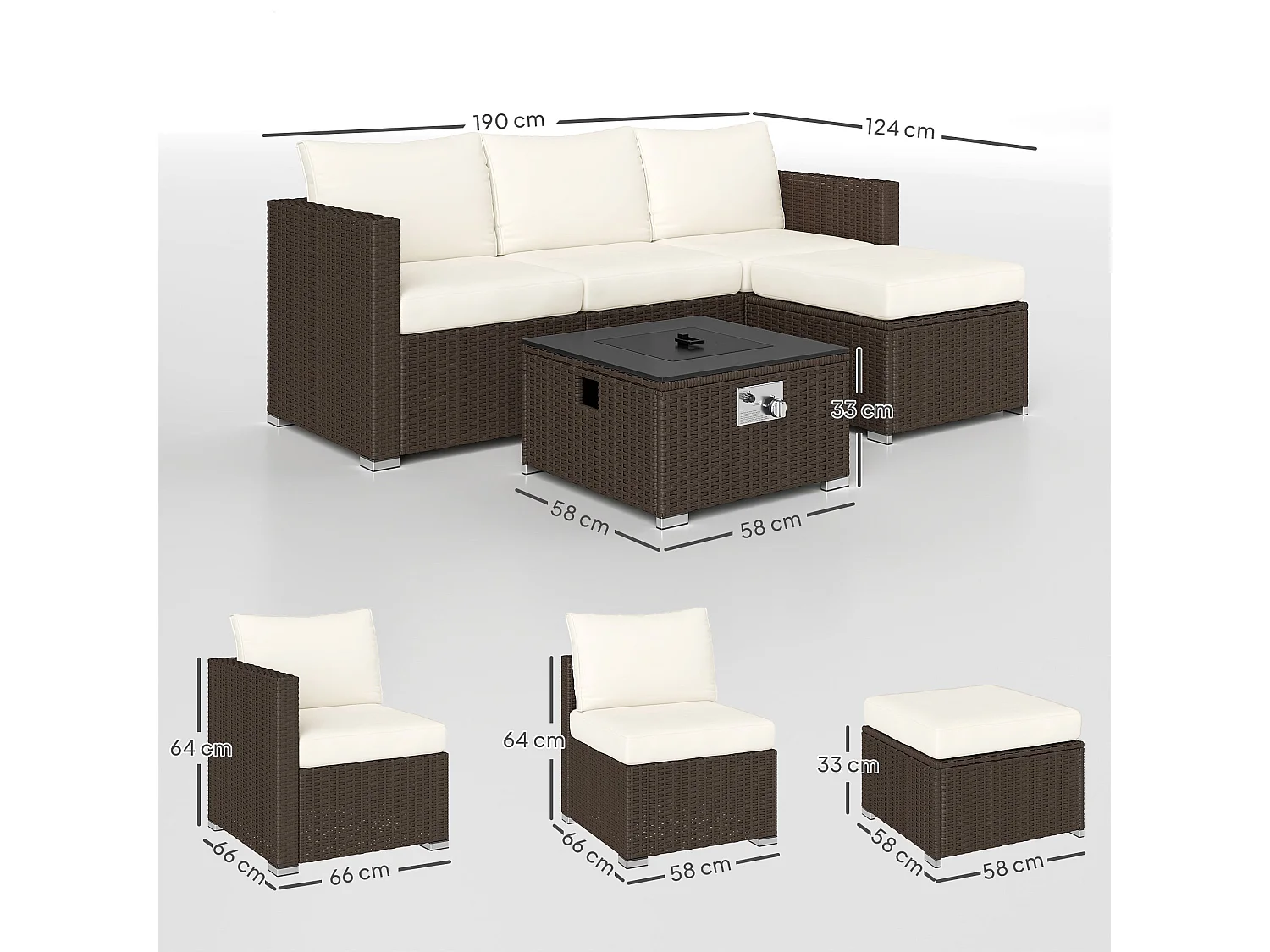 Dirone 4 Seater Modular Rattan Garden Set Brown and Cream with Gas Fire Pit Table and Footstool
