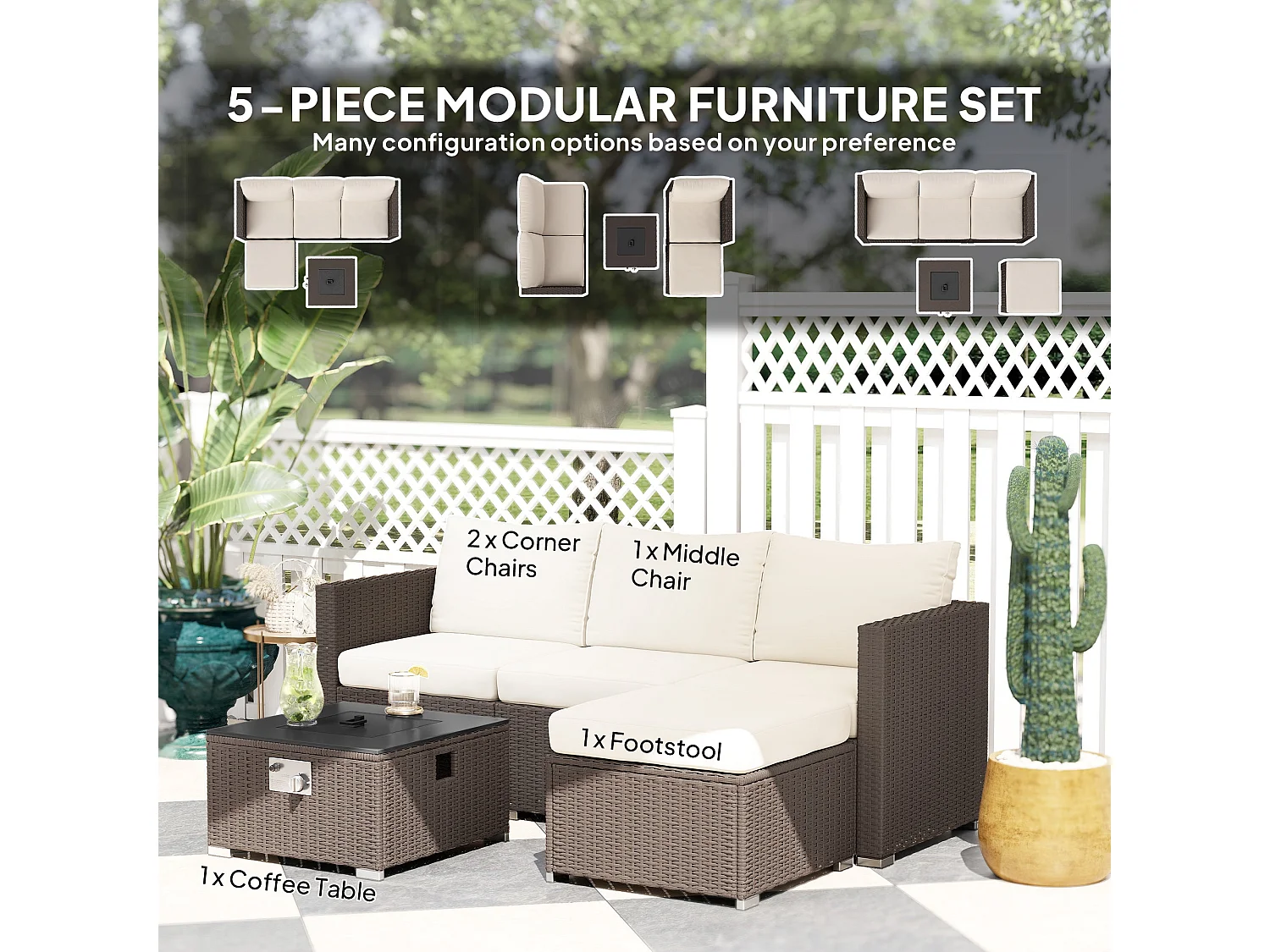 Dirone 4 Seater Modular Rattan Garden Set Brown and Cream with Gas Fire Pit Table and Footstool
