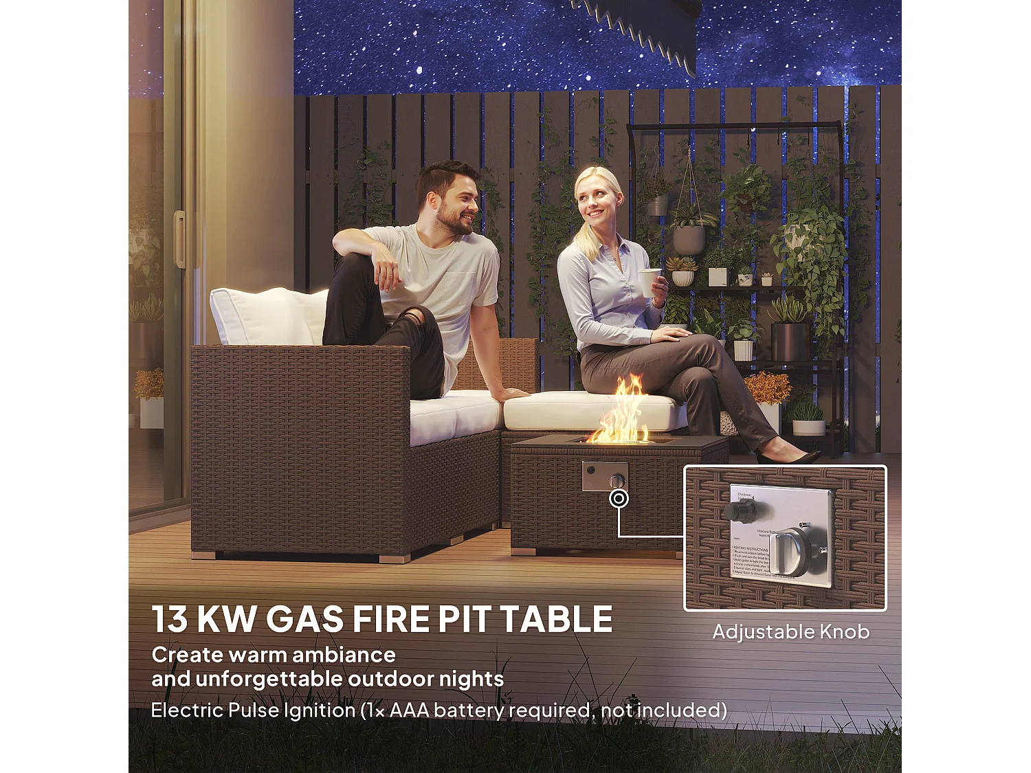 Dirone 4 Seater Modular Rattan Garden Set Brown and Cream with Gas Fire Pit Table and Footstool