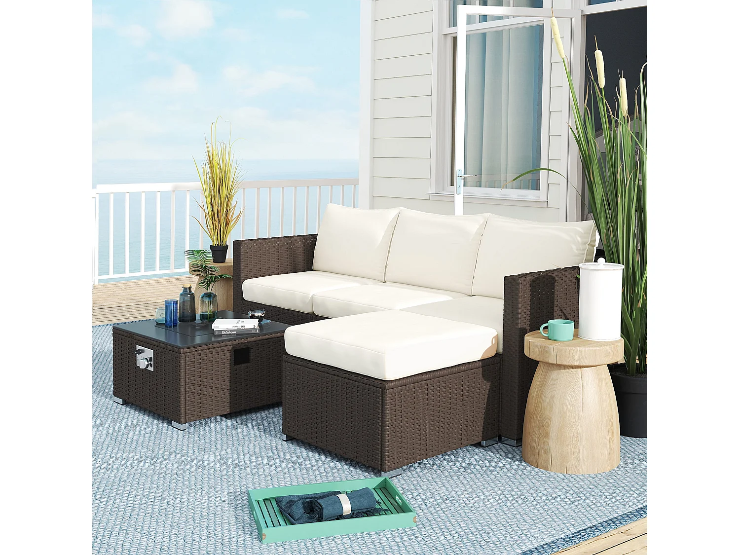 Dirone 4 Seater Modular Rattan Garden Set Brown and Cream with Gas Fire Pit Table and Footstool