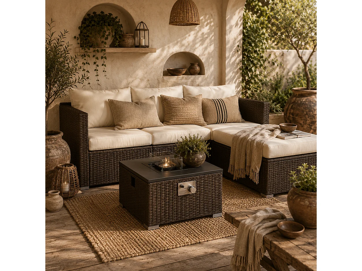 Dirone 4 Seater Modular Rattan Garden Set Brown and Cream with Gas Fire Pit Table and Footstool
