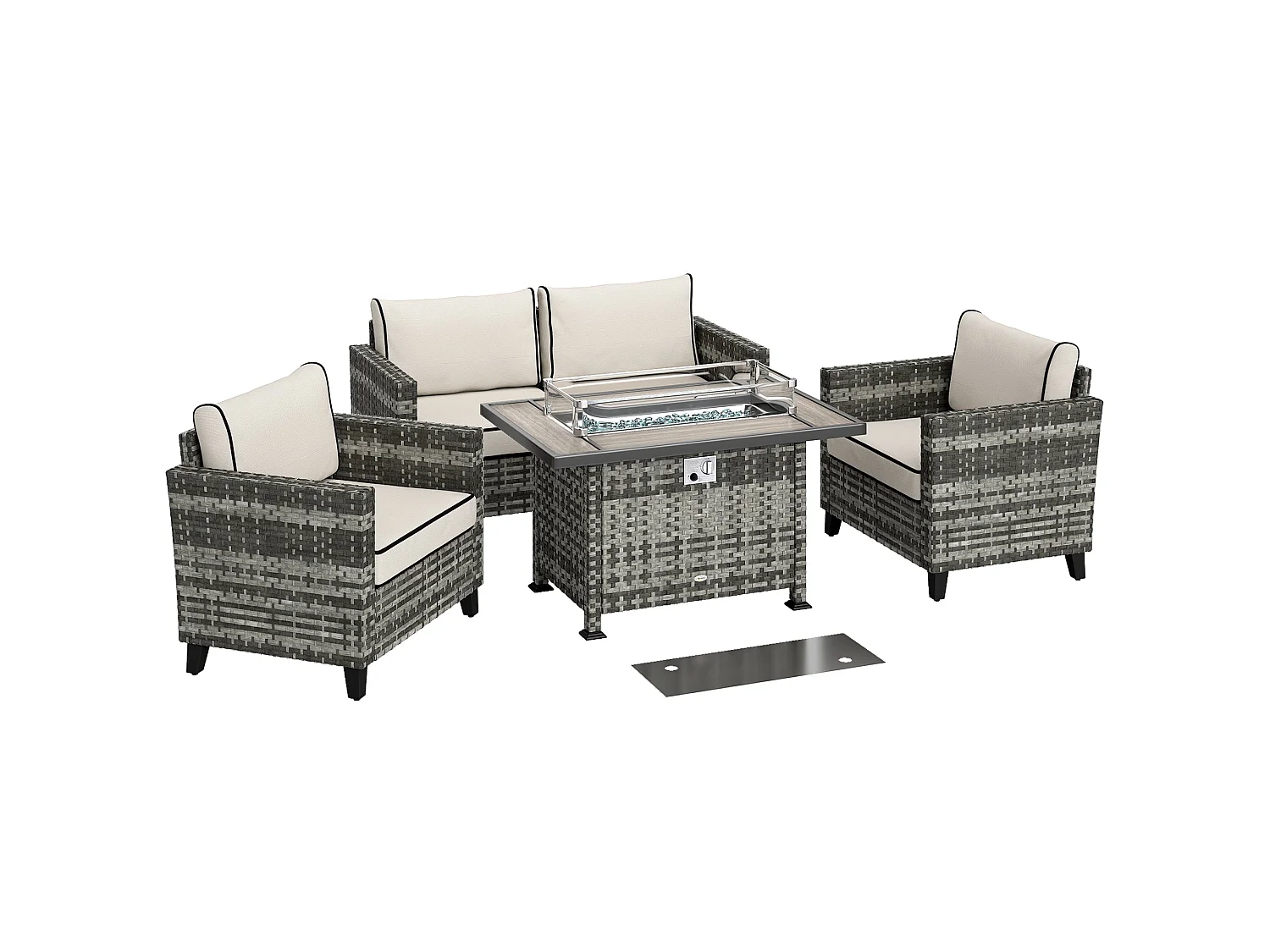 Nerato Grey Rattan 4 Seater Garden Sofa Set with Gas Fire Pit Table