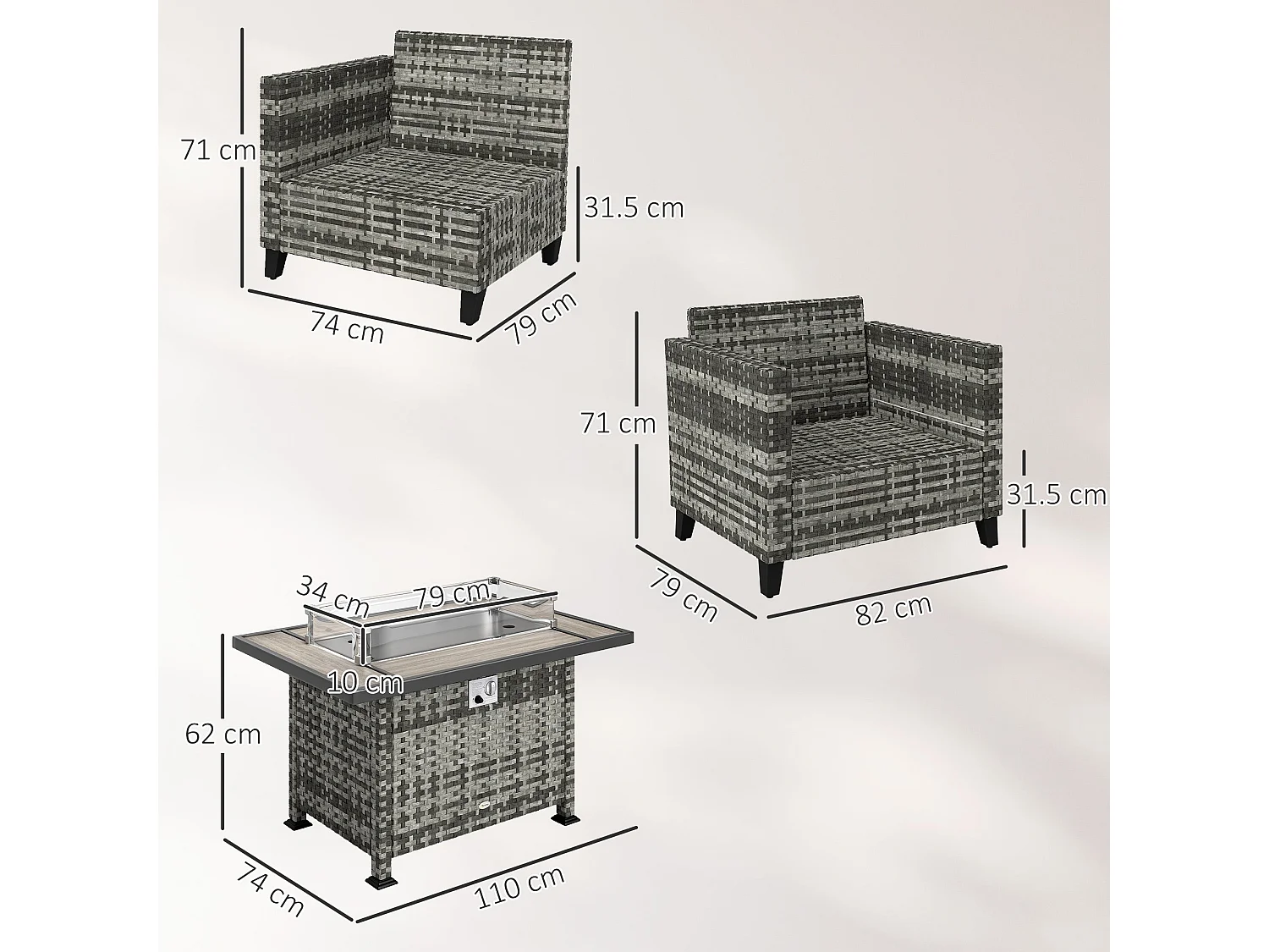 Nerato Grey Rattan 4 Seater Garden Sofa Set with Gas Fire Pit Table