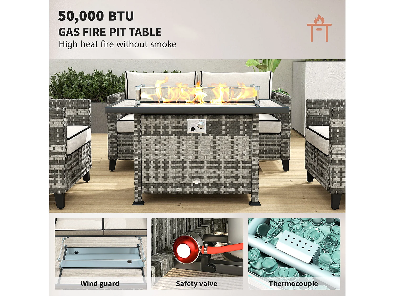Nerato Grey Rattan 4 Seater Garden Sofa Set with Gas Fire Pit Table