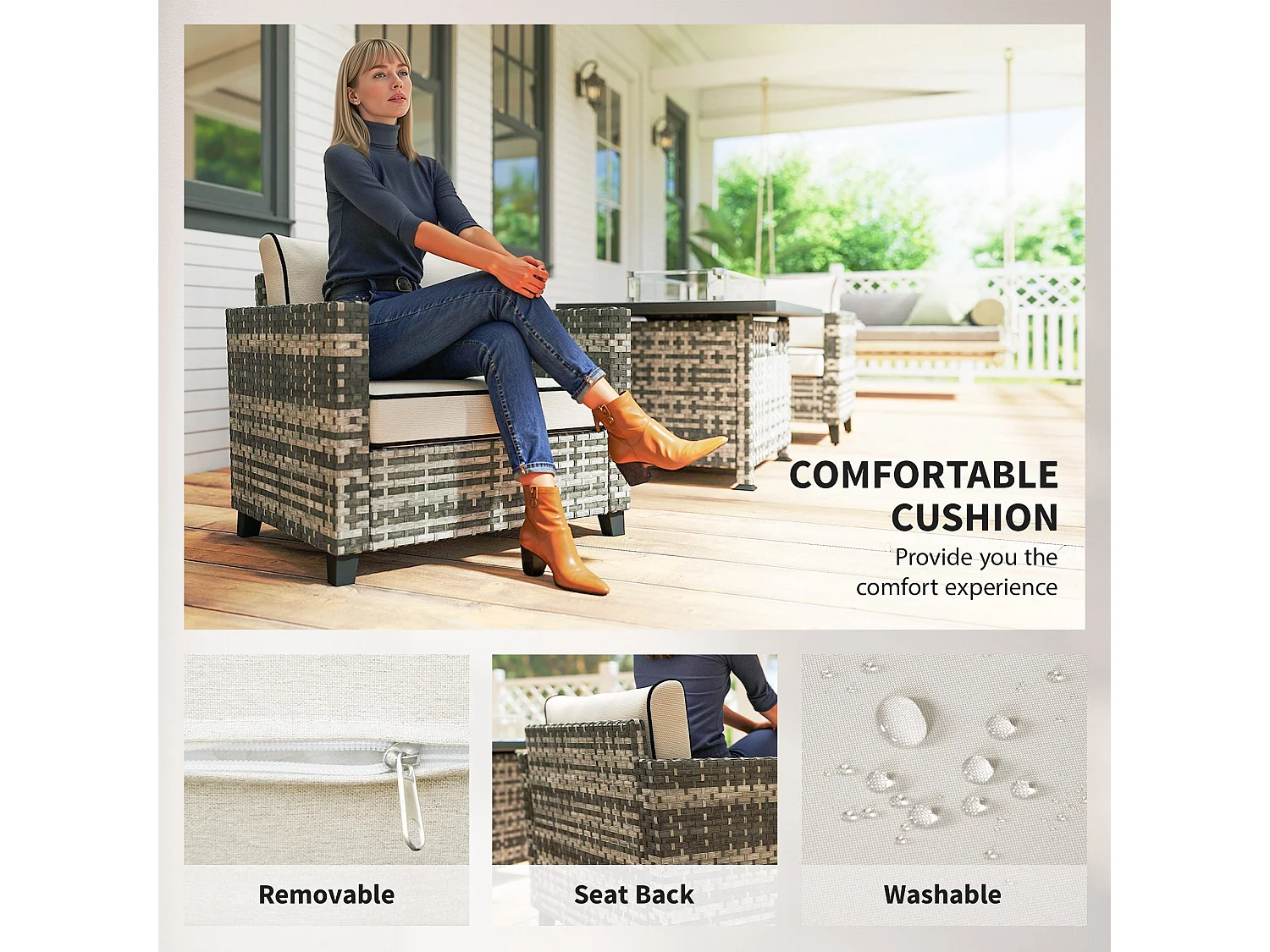 Nerato Grey Rattan 4 Seater Garden Sofa Set with Gas Fire Pit Table