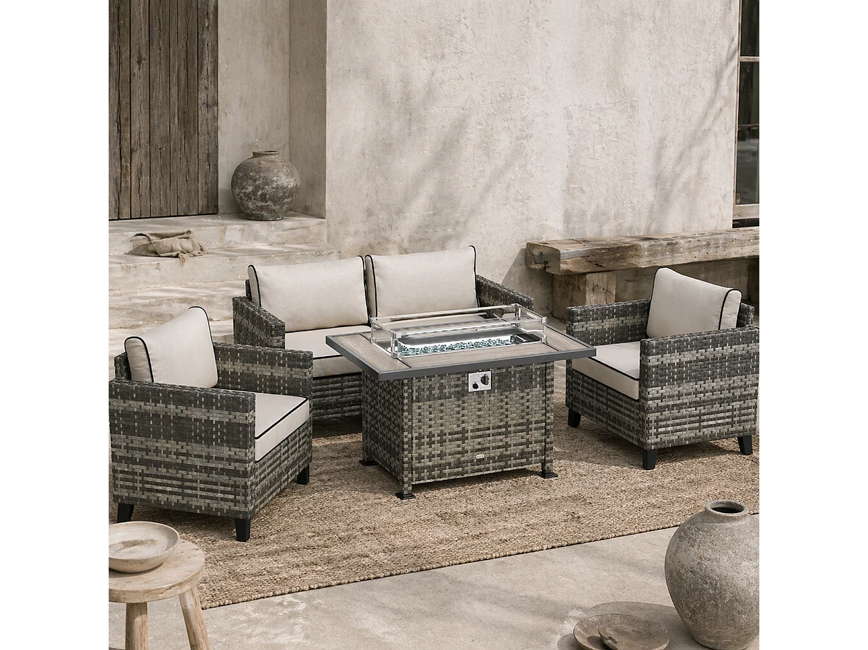 Nerato Grey Rattan 4 Seater Garden Sofa Set with Gas Fire Pit Table