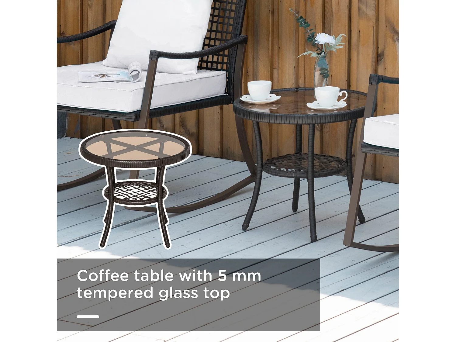 Madile 3 Piece Rattan Bistro Set Rocking Chairs with Round Glass Table