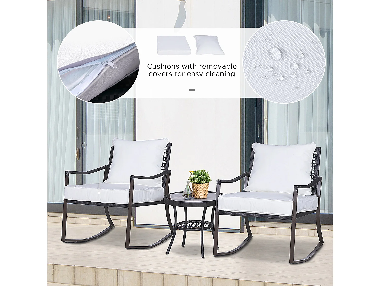 Madile 3 Piece Rattan Bistro Set Rocking Chairs with Round Glass Table