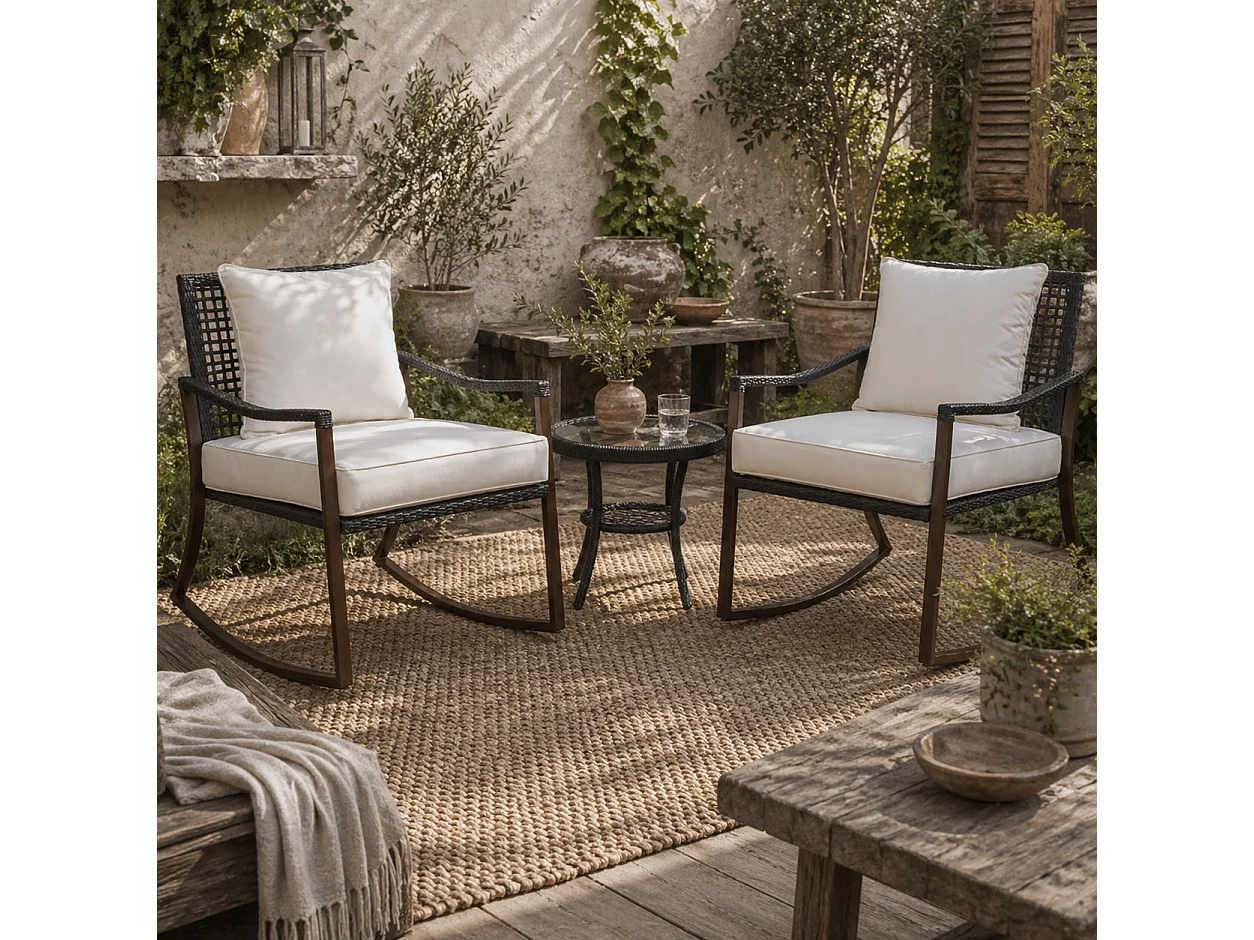 Madile 3 Piece Rattan Bistro Set Rocking Chairs with Round Glass Table