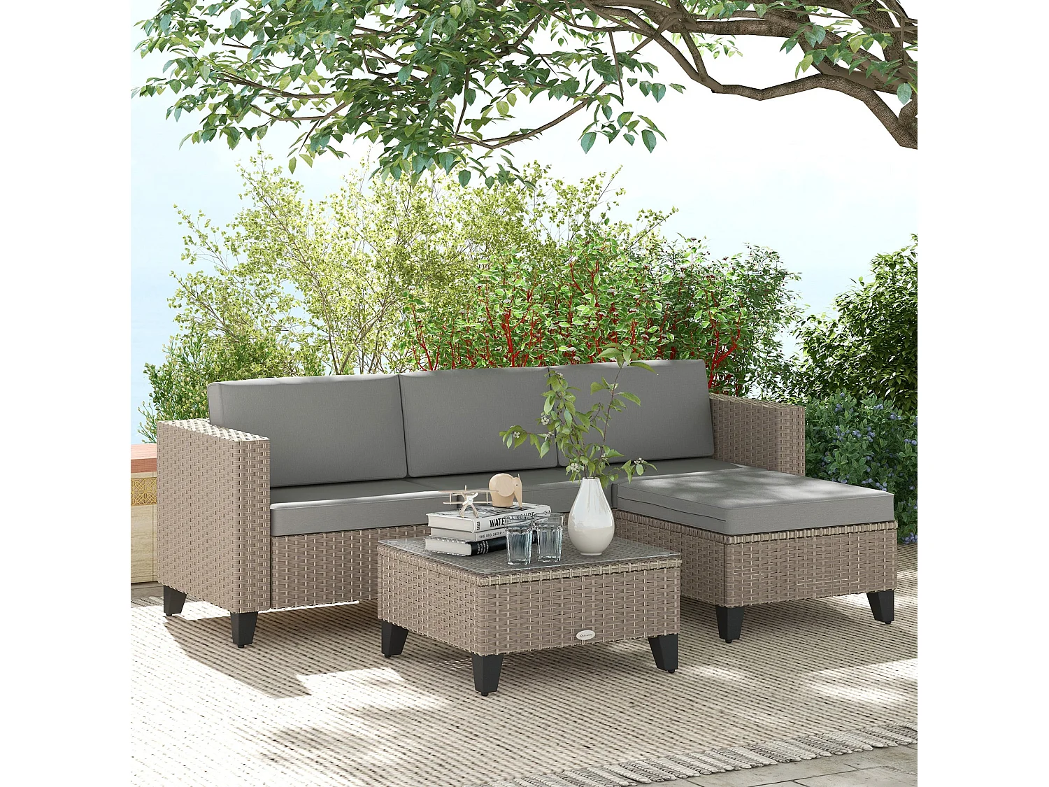 Mofilo 5 Piece Brown PE Rattan Corner Garden Sofa Set with Glass Coffee Table