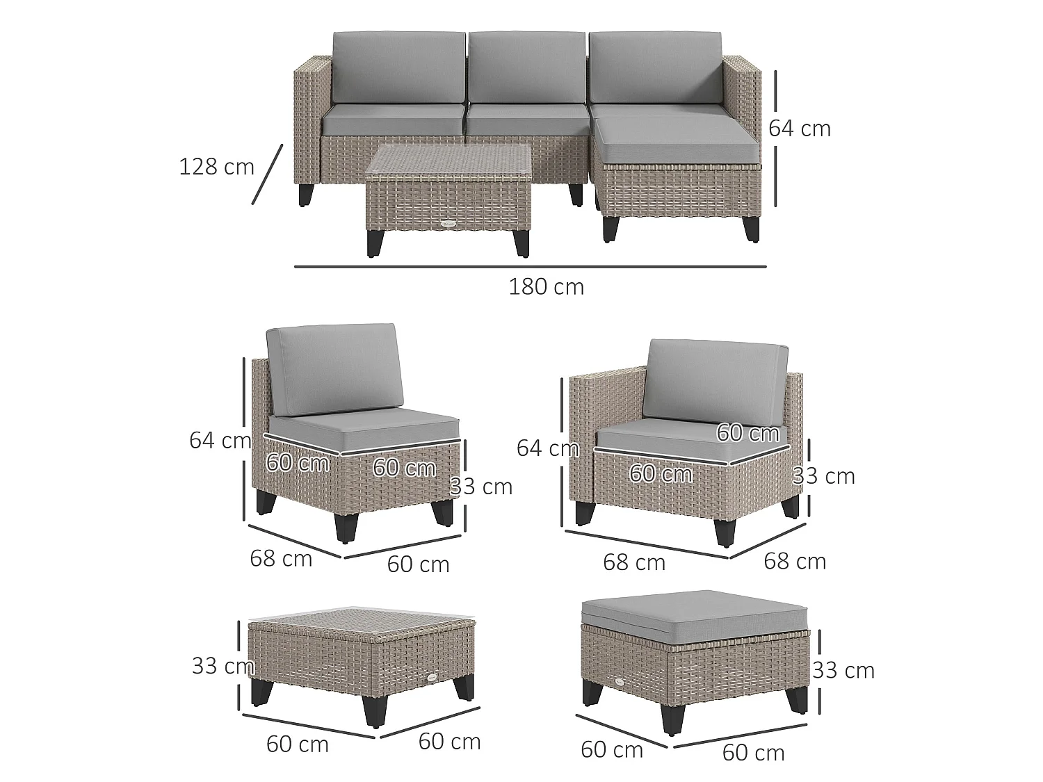 Mofilo 5 Piece Brown PE Rattan Corner Garden Sofa Set with Glass Coffee Table