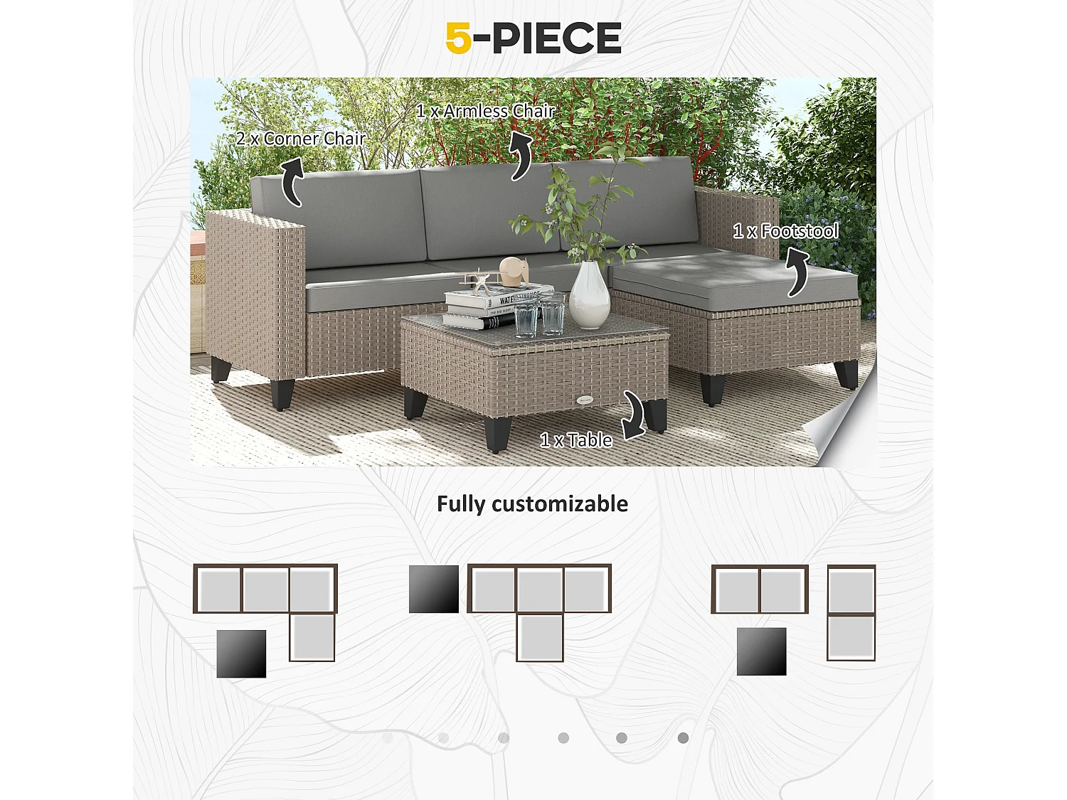 Mofilo 5 Piece Brown PE Rattan Corner Garden Sofa Set with Glass Coffee Table