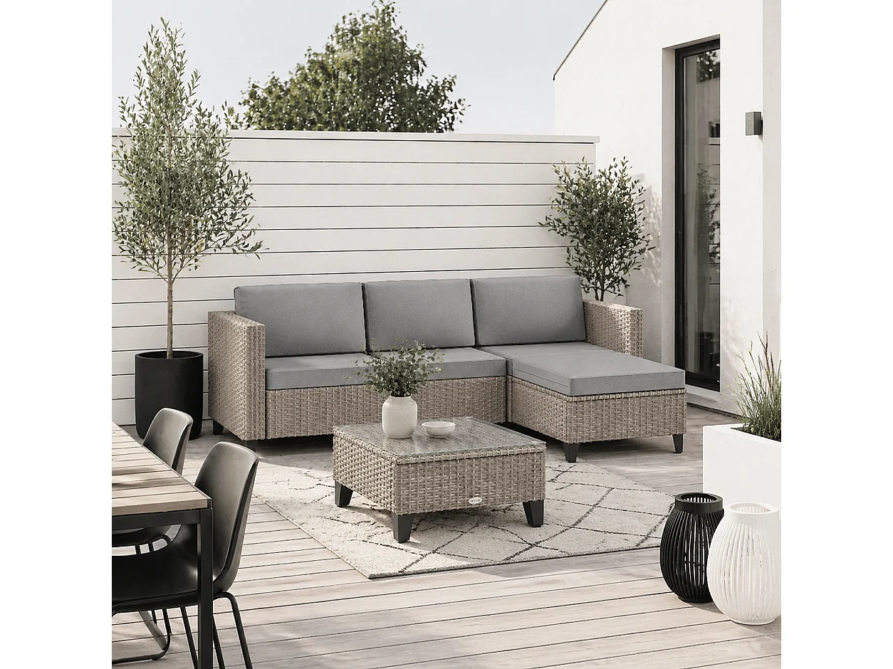 Mofilo 5 Piece Brown PE Rattan Corner Garden Sofa Set with Glass Coffee Table