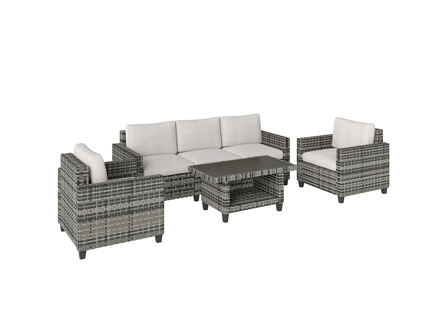 Coneno 5 Seater Modular Rattan Outdoor Sofa Set Light Grey with White Cushions