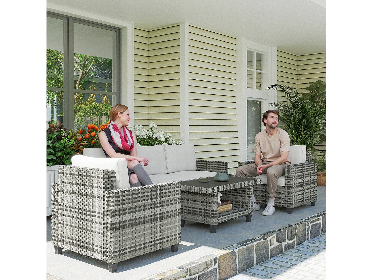 Coneno 5 Seater Modular Rattan Outdoor Sofa Set Light Grey with White Cushions