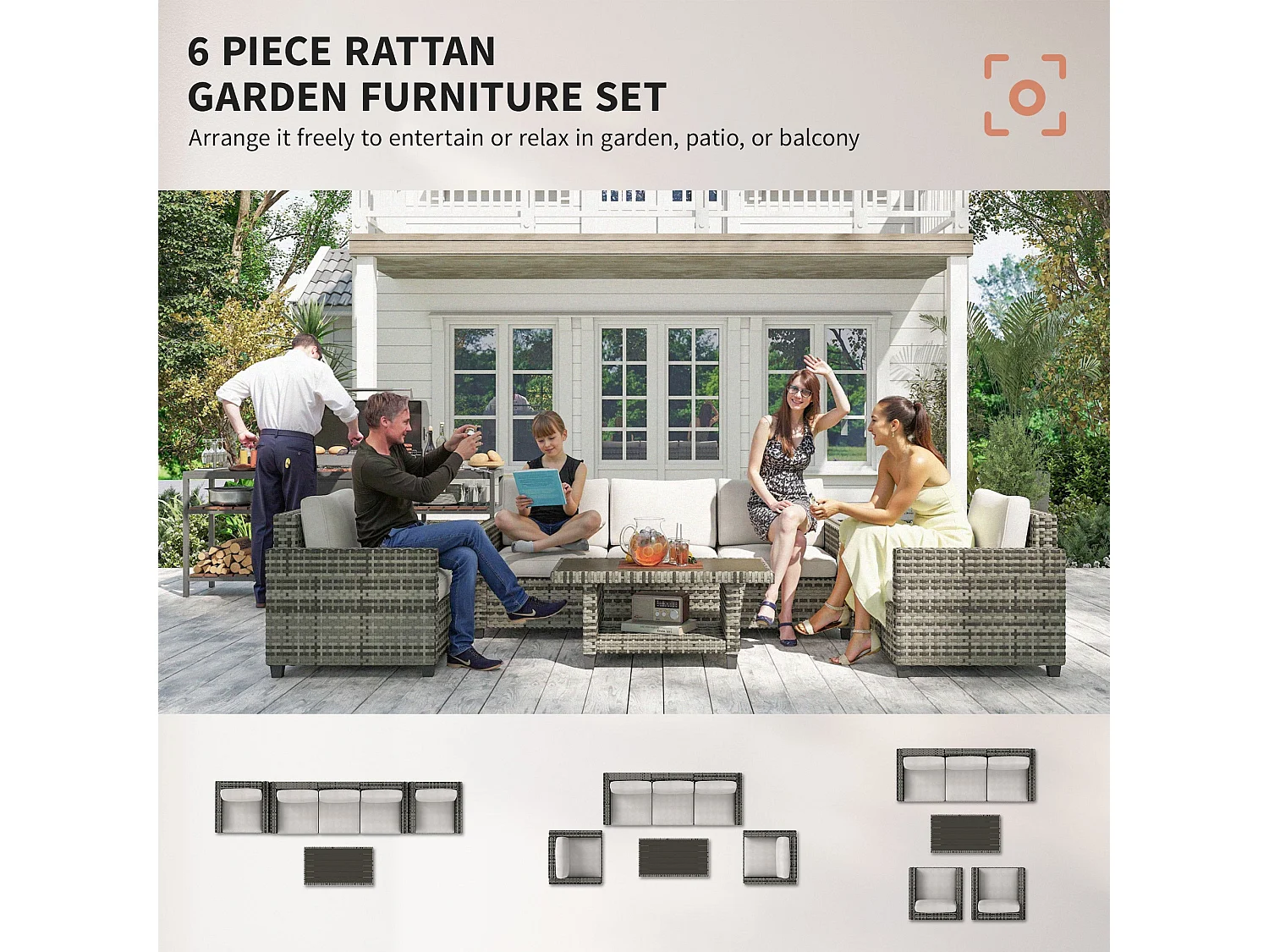 Coneno 5 Seater Modular Rattan Outdoor Sofa Set Light Grey with White Cushions