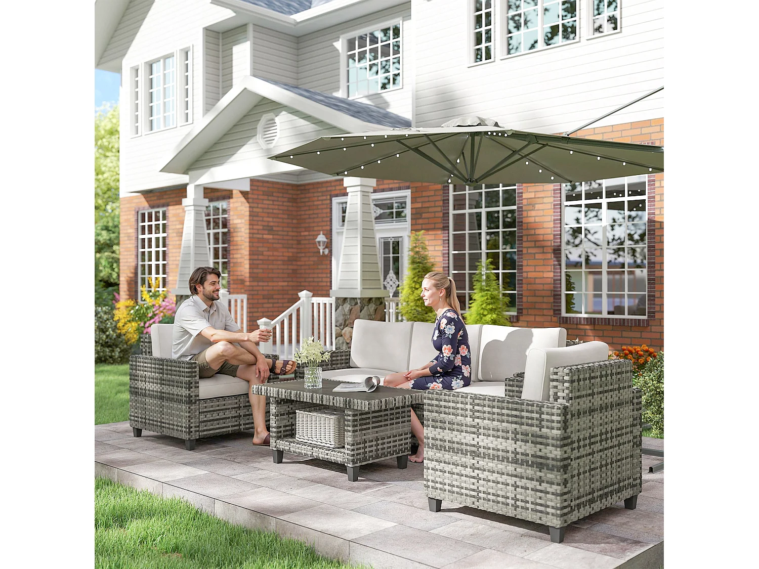 Coneno 5 Seater Modular Rattan Outdoor Sofa Set Light Grey with White Cushions