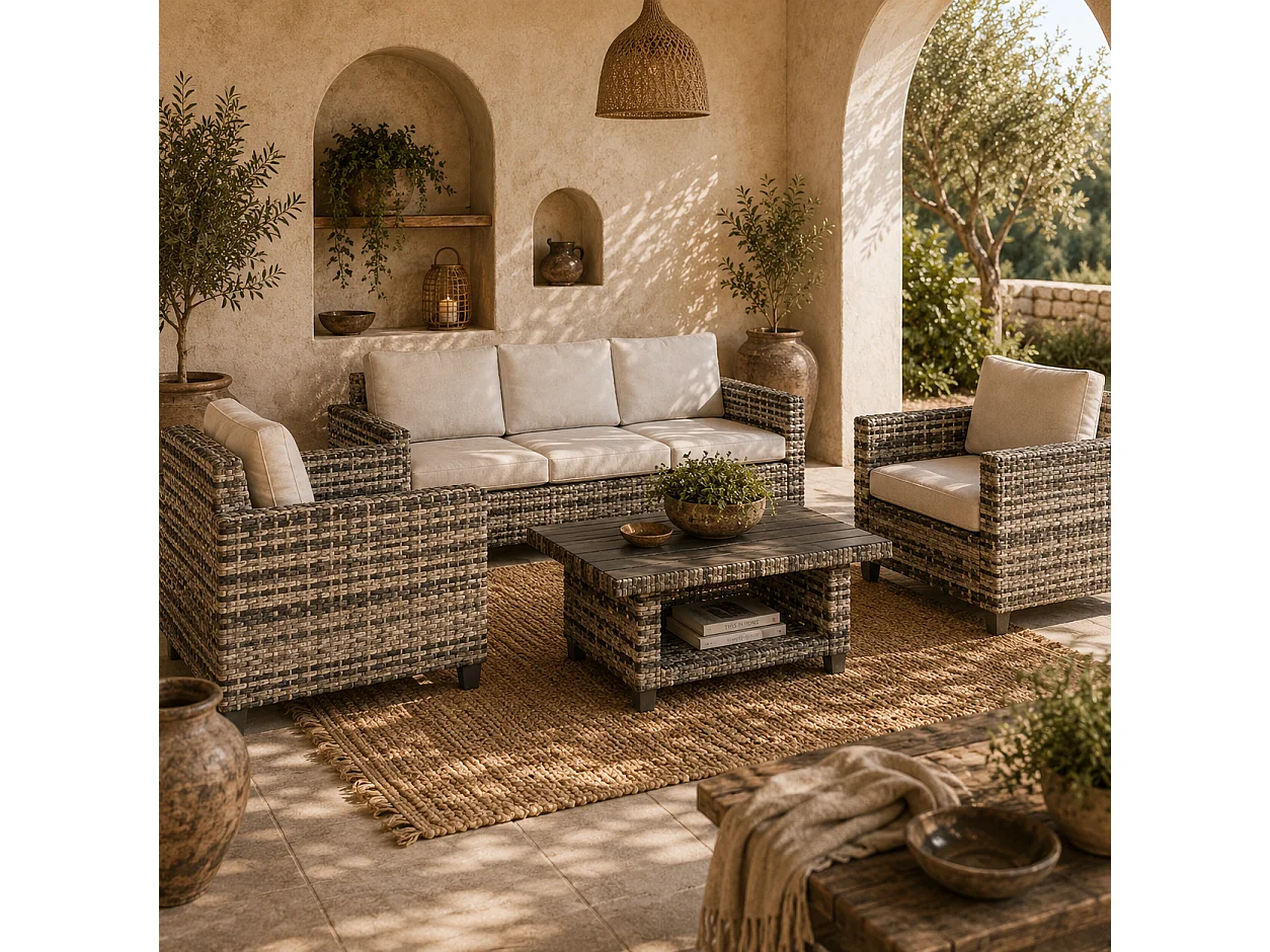 Coneno 5 Seater Modular Rattan Outdoor Sofa Set Light Grey with White Cushions