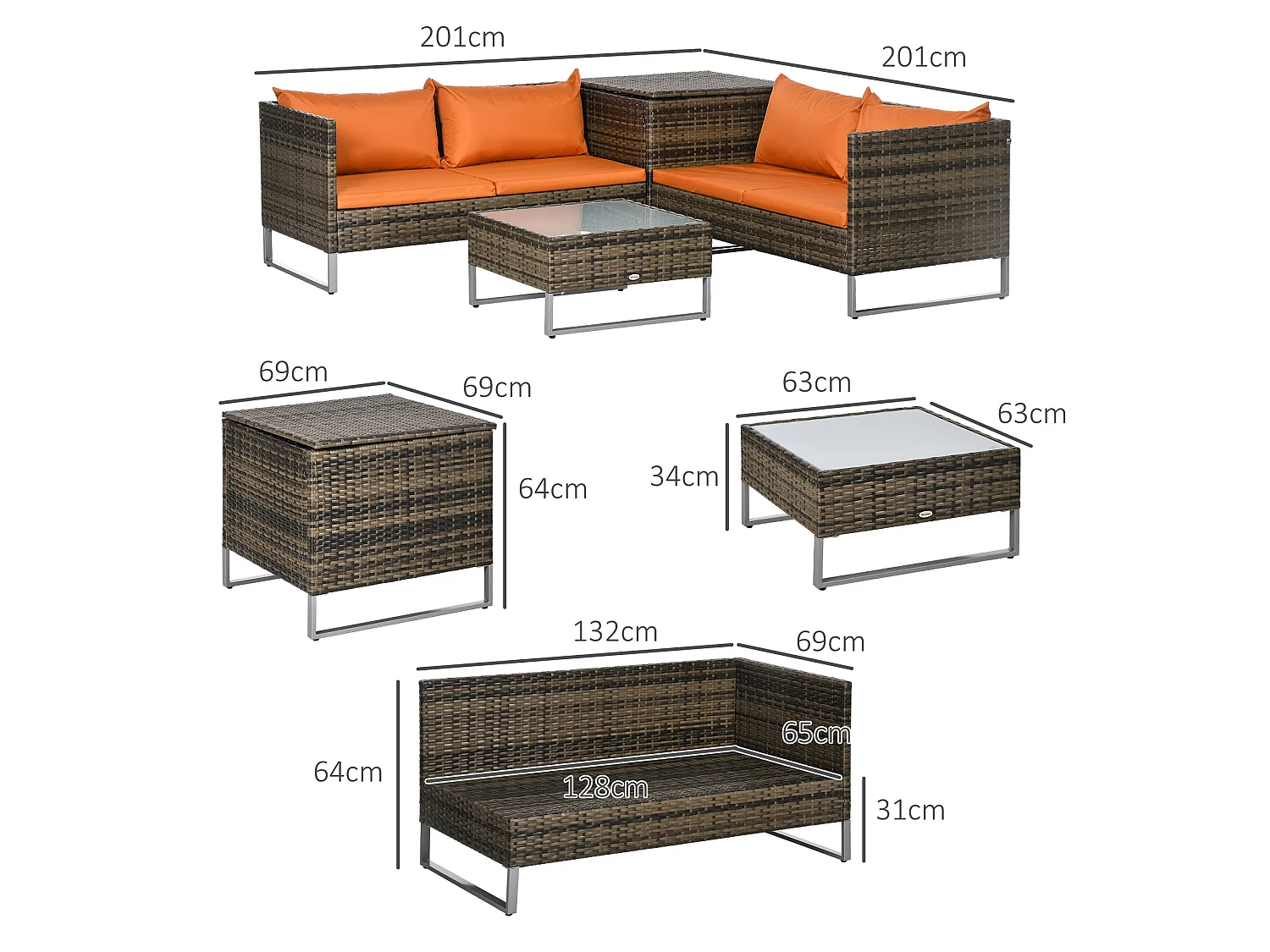 Vemato 4 Seater Rattan Garden Sofa Set with Storage Table Mixed Brown and Orange